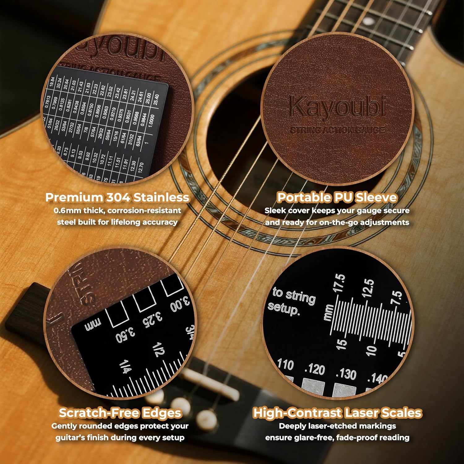 Guitar Accessories, String Action Gauge, High Contrast Black Luthier Set up Tools with Dual Metric & Imperial Scales, Smooth Edges & Protective PU Case for Acoustic, Electric Guitars & Bass