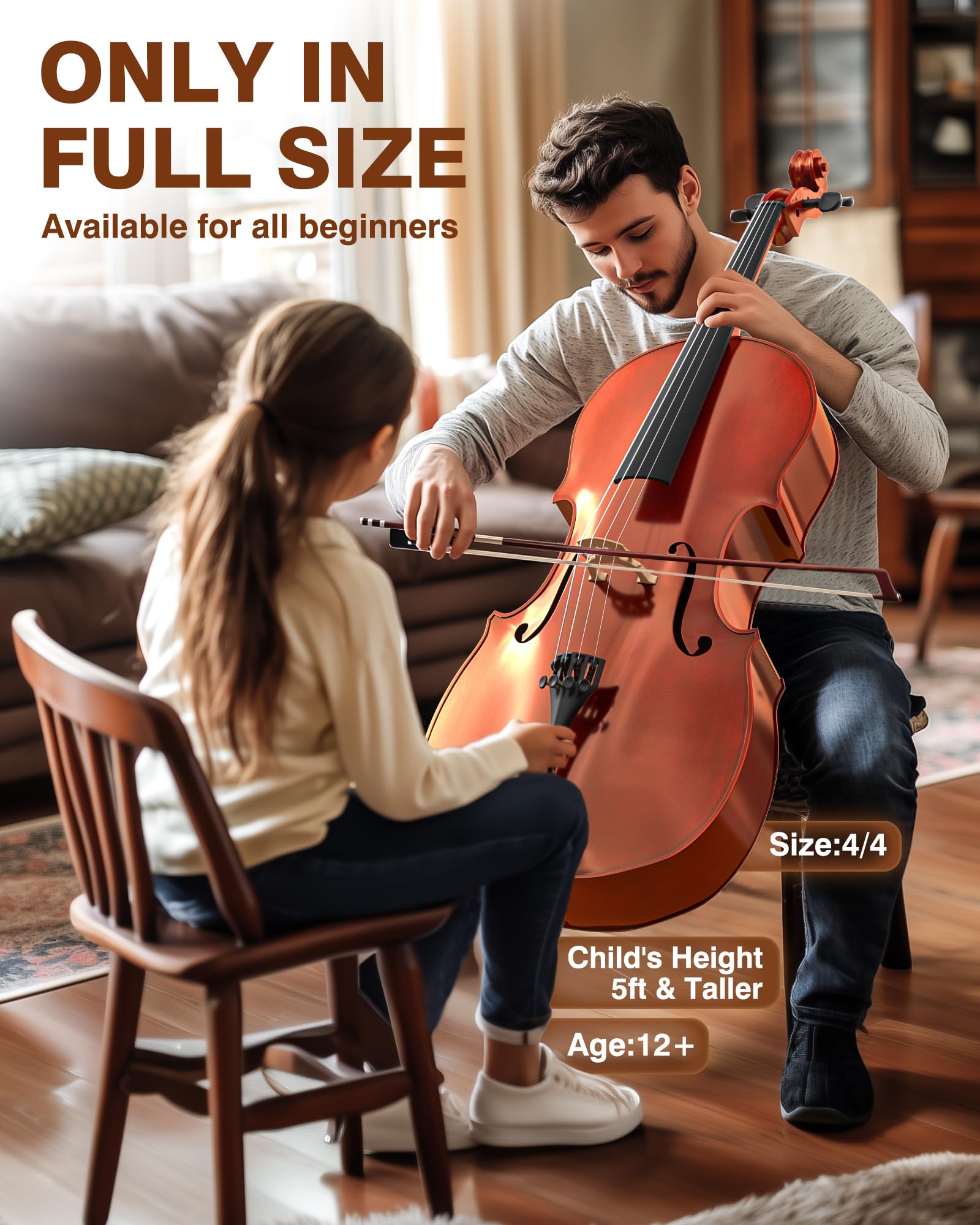 PYY Cello 4/4 Full Size - Solid Wood Acoustic Cello Package with Stand, Case, Bow, Rosin, Tuner & Extra Strings, Perfect for Students & Adult Beginners（Red）