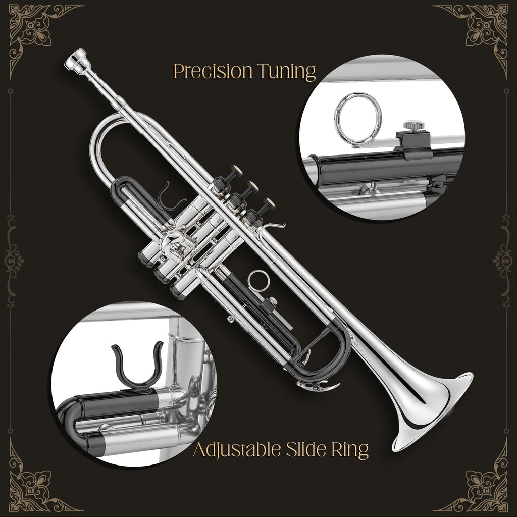 AKLOT Hand-Hammered Bell Bb Trumpet: Smooth Valve Action, Clear-Lacquered Brass Body, Standard Trumpet Beginner Set with Leather Case, Lesson Book, Trumpet Mute, Mouthpiece, Cleaning Kit (SNR-BrzED)