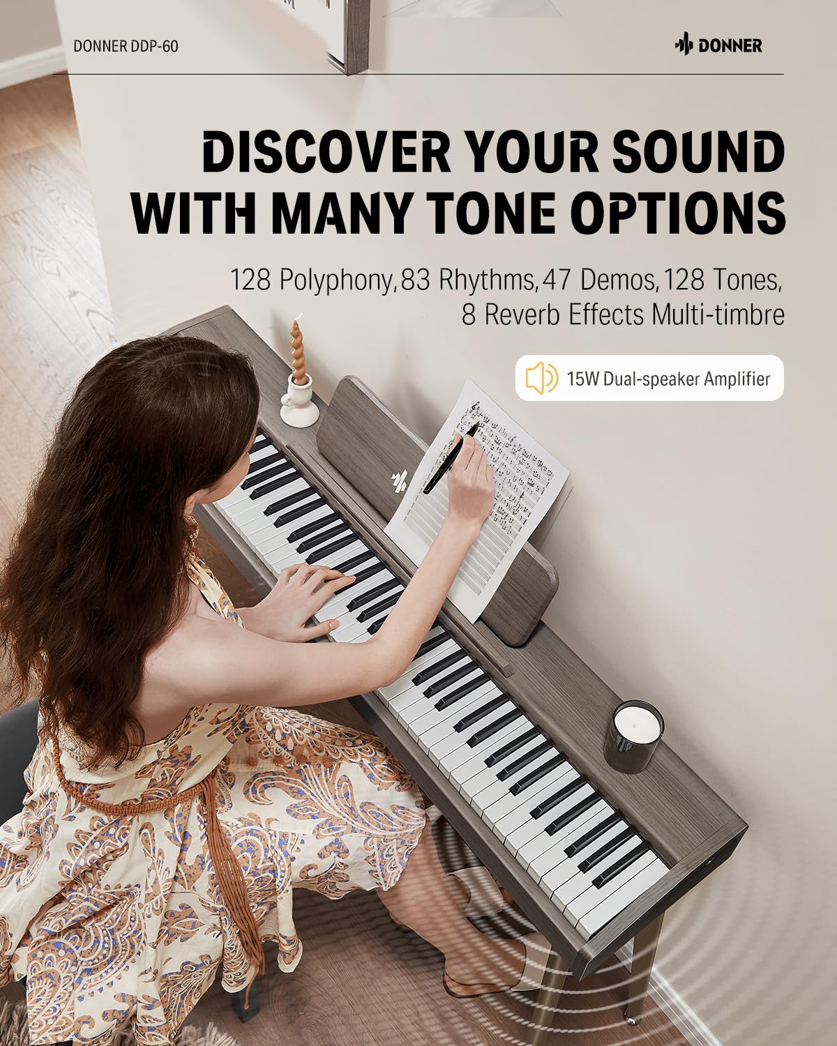 Donner OURA S100 Digital Piano with 88 Key Graded Hammer Weighted Keyboard for Beginner, Full Size Electric Piano Keyboard with Bluetooth, 3 Original Demos, LOCAL OFF, 2×10 W, Piano Three Pedal,White
