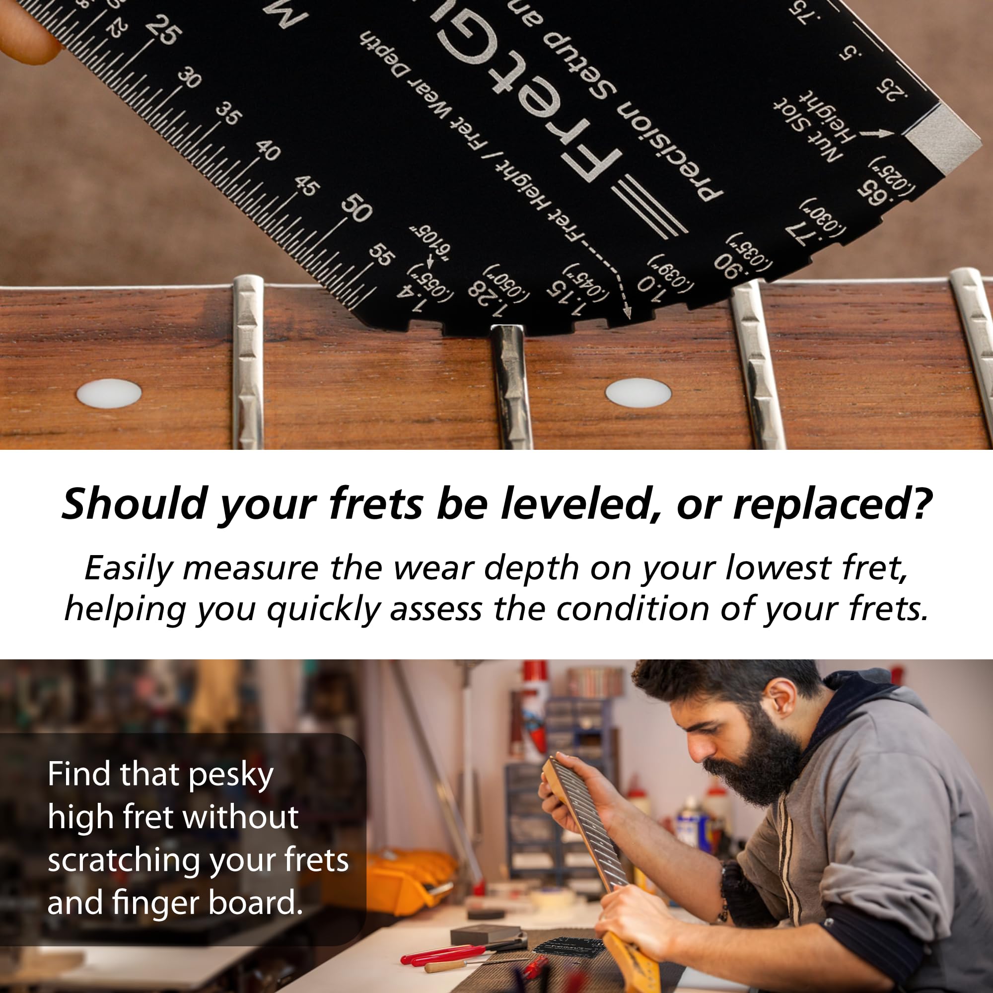 String Action Gauge Guitar Fret Ruler Precision Fret Rocker Precise CNC Machined, Diamond Honed, Polished Edge Guitar String Height Gauge Luthier Tool with Genuine Leather Case | Precision .010" increments, Laser etched markings, Luthier tool for guitar s