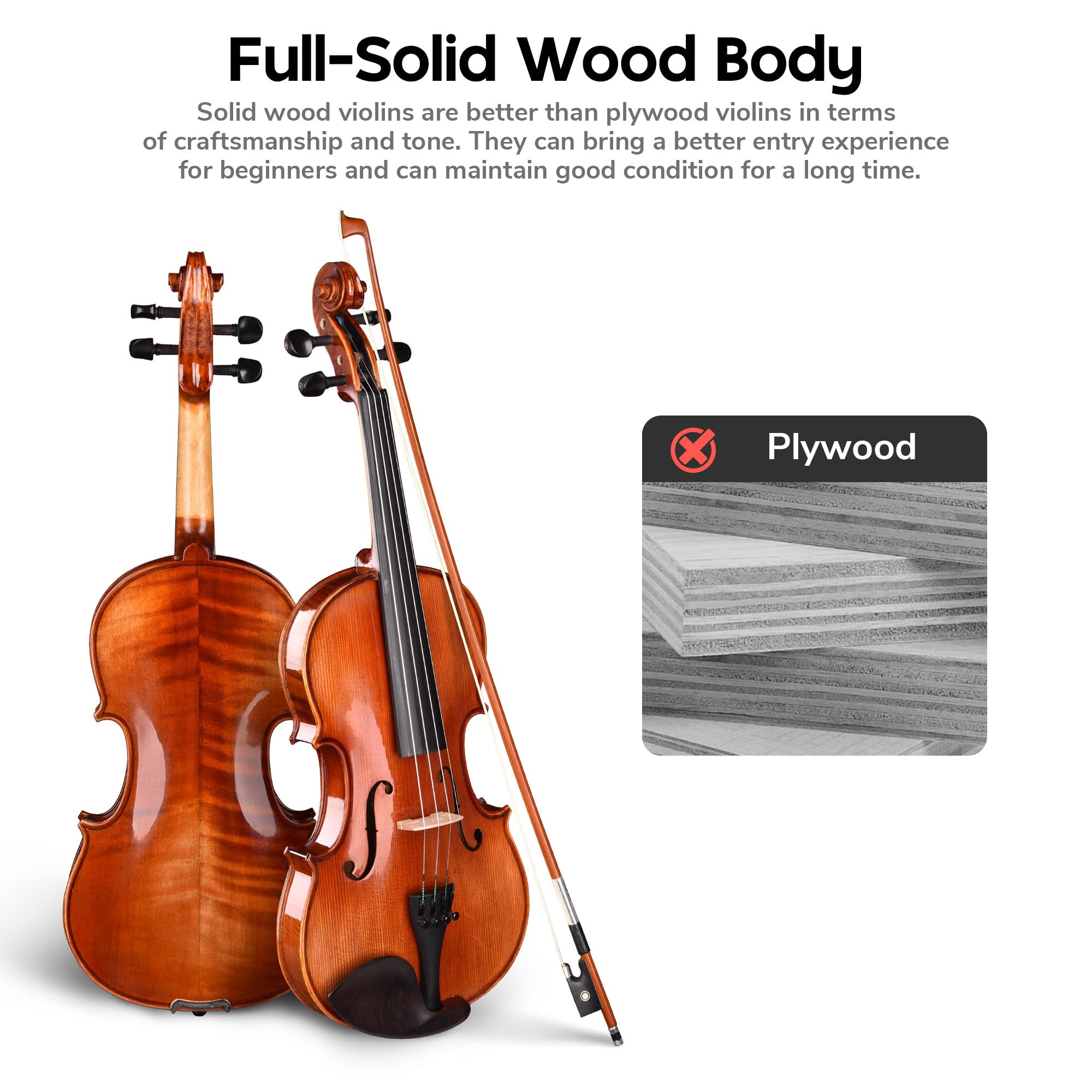 AW Solid Wood Violin 4/4 Full Set Fiddle Beginner Violin Full Size Stradivari Copy Style with Carry Case Bow Rosin Shoulder Rest for Student Adults Starter Kit