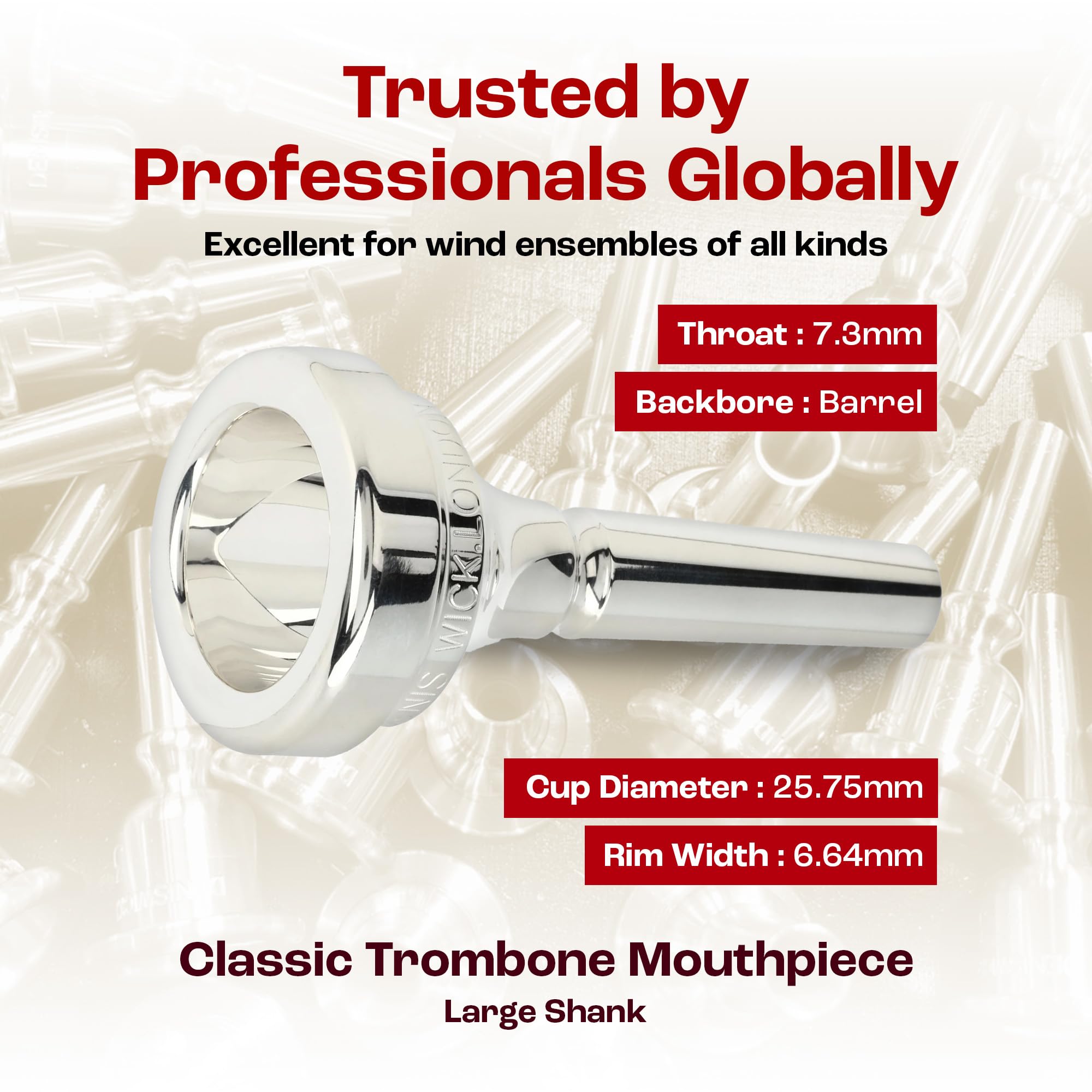 Denis Wick Classic Trombone Mouthpiece Silver Plated, 5880-4AL - Barrel Backbore for Balanced Tone & Smooth Response - Large Shank Fitting Trombone Accessory for Easy Articulation - 26 x 6.72 x 7.38mm
