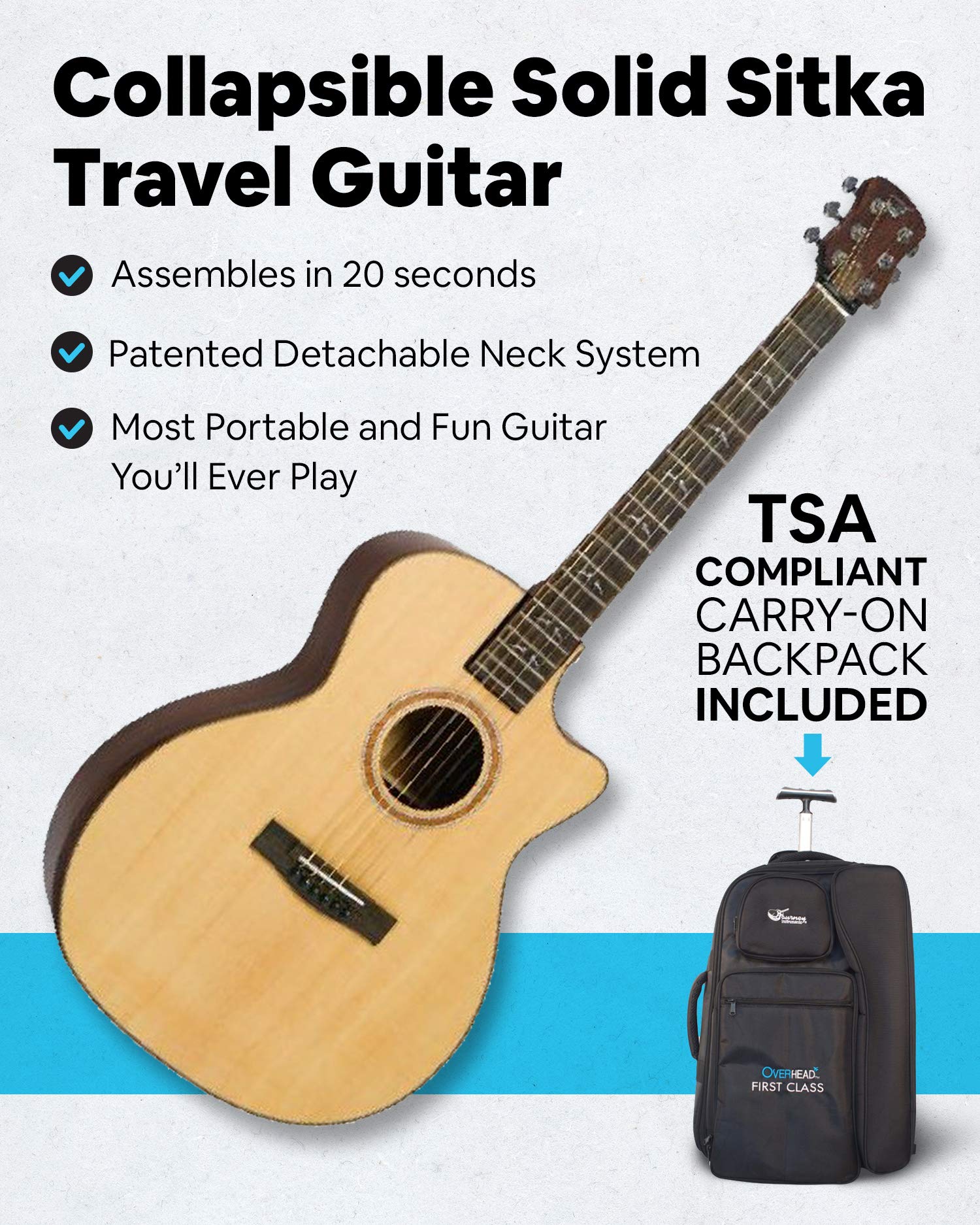 Journey Instruments Solid Sitka Acoustic Collapsible Travel Guitar PJ410N | Traveling Acoustic Guitar with Collapsible Patented System, Portable Backpack Case (African Mahogany)