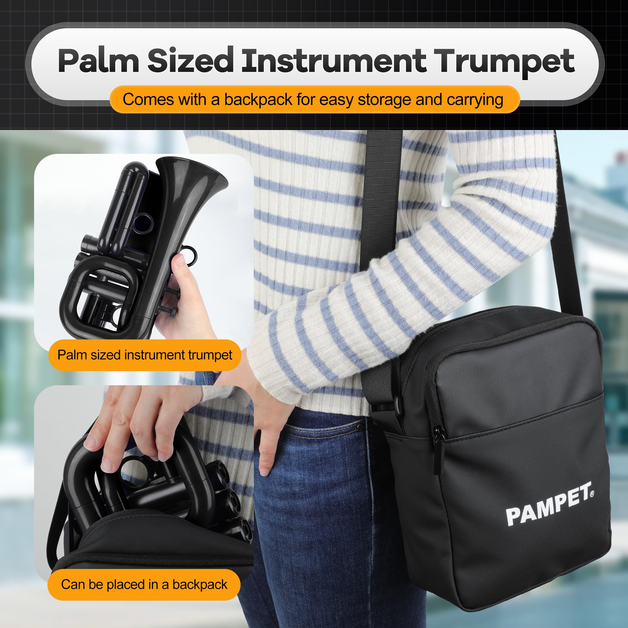 PAMPET DOLPHIN Pocket Trumpet Plastic Bb Trumpet Standard Trumpets for Student Beginner Bb Trumpets Instrument (Black)