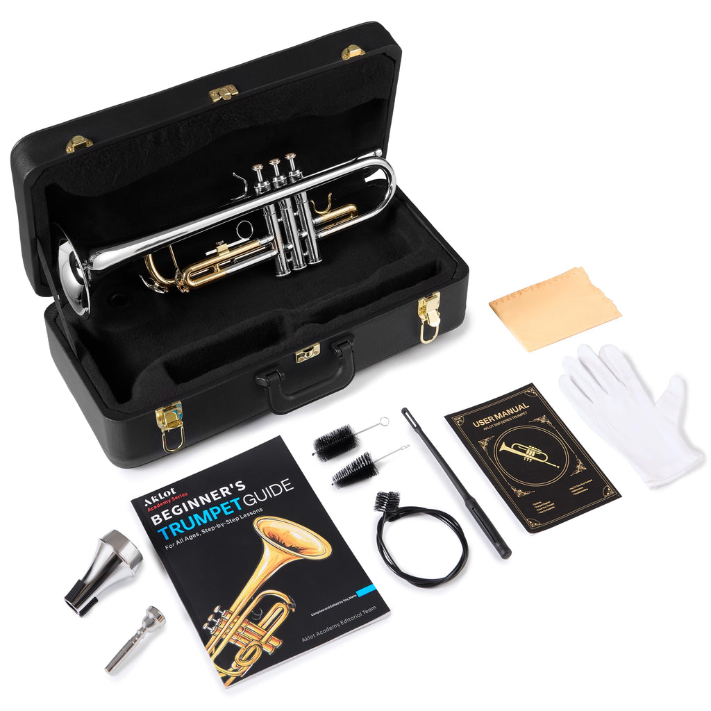 AKLOT Hand-Hammered Bell Bb Trumpet: Smooth Valve Action, Clear-Lacquered Brass Body, Standard Trumpet Beginner Set with Leather Case, Lesson Book, Trumpet Mute, Mouthpiece, Cleaning Kit (SNR-BrzSF)