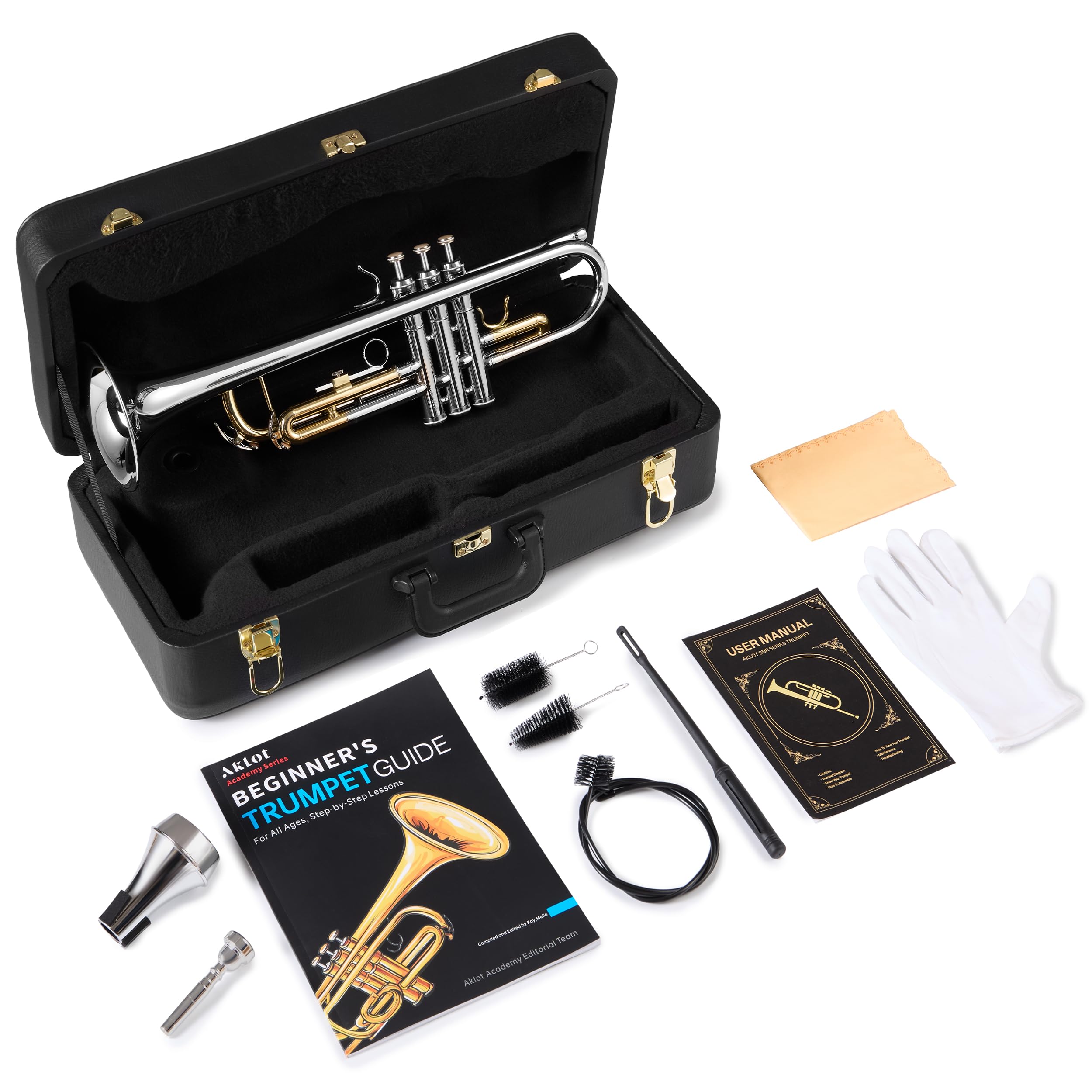 AKLOT Hand-Hammered Bell Bb Trumpet: Smooth Valve Action, Clear-Lacquered Brass Body, Standard Trumpet Beginner Set with Leather Case, Lesson Book, Trumpet Mute, Mouthpiece, Cleaning Kit (SNR-BrzSF)