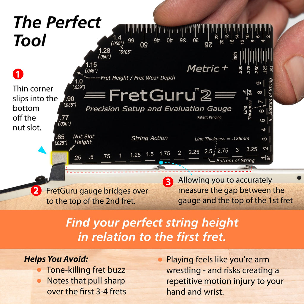 String Action Gauge Guitar Fret Ruler Precision Fret Rocker Precise CNC Machined, Diamond Honed, Polished Edge Guitar String Height Gauge Luthier Tool with Genuine Leather Case | Precision .010" increments, Laser etched markings, Luthier tool for guitar s