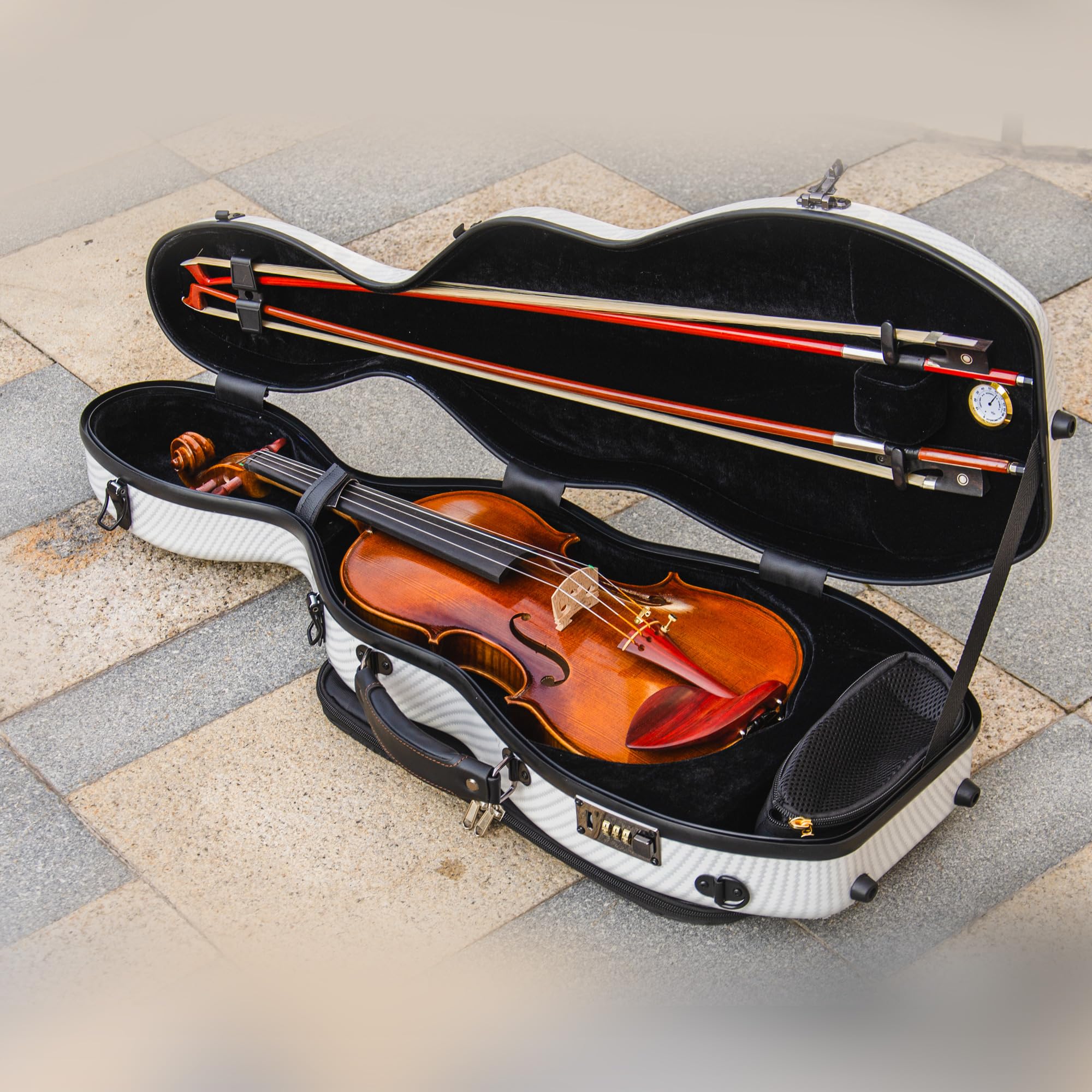Christina violin case 4/4 Full Size Violin case High-Strength Carbon Fiber Pear-Shaped Violin Music Bag With Combination Lock and Extra Bag Gray Violin Hard Case (VB-Random type-SilveryGray spot)