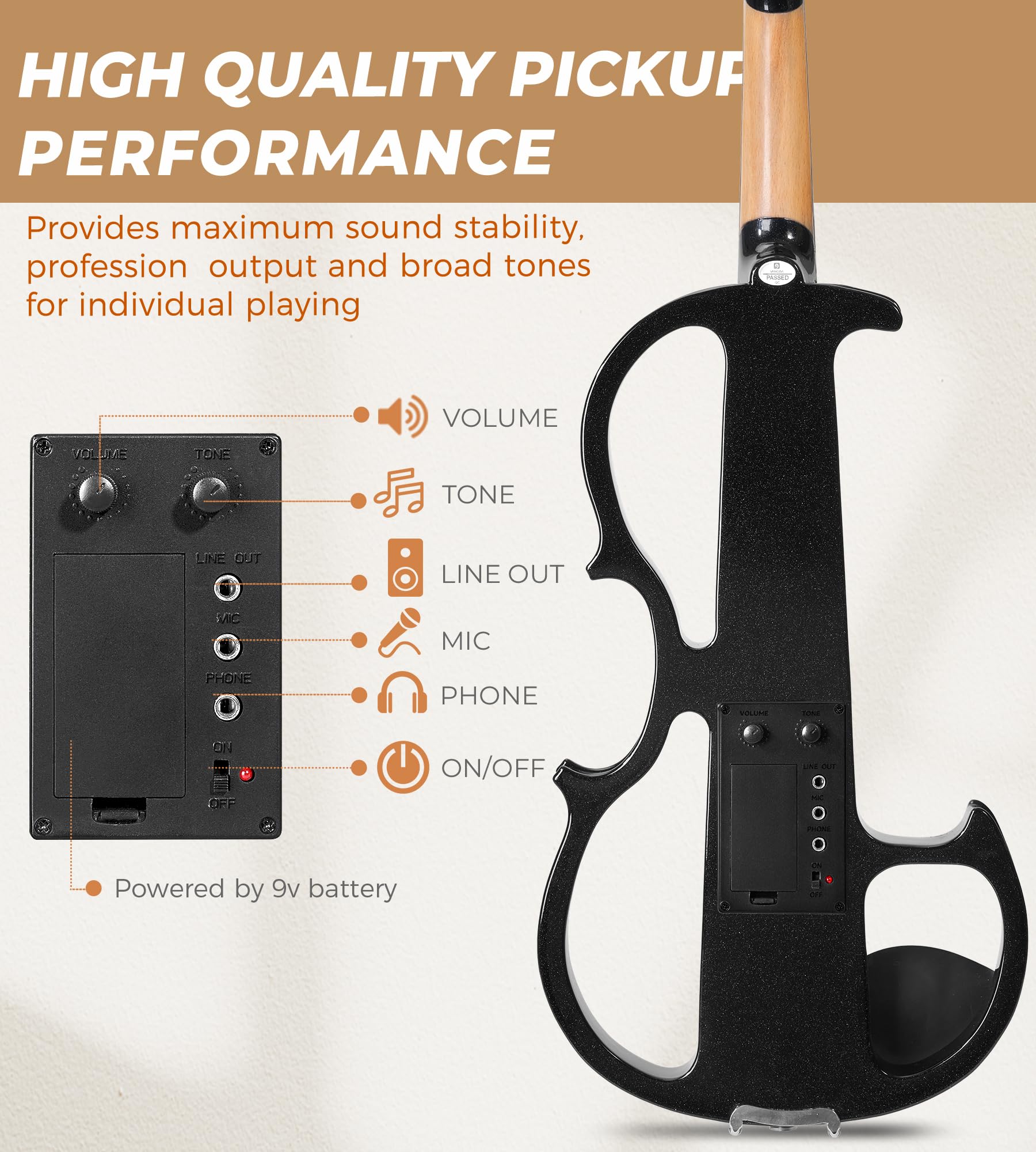 Vangoa Electric Violin Full Size 4/4, Black Silent Electric Violin, Solid Wood Metallic Electric Fiddle with Ebony Fittings, Beginner Kit for Adults Teens