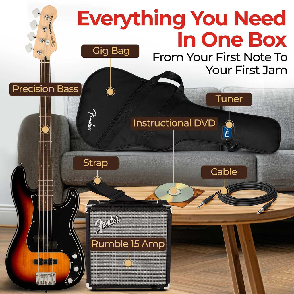 Fender Squier Affinity Precision Bass PJ - Surf Green Bundle with Rumble 15 Amplifier, Instrument Cable, Gig Bag, Tuner, Strap, and Austin Bazaar Instructional DVD