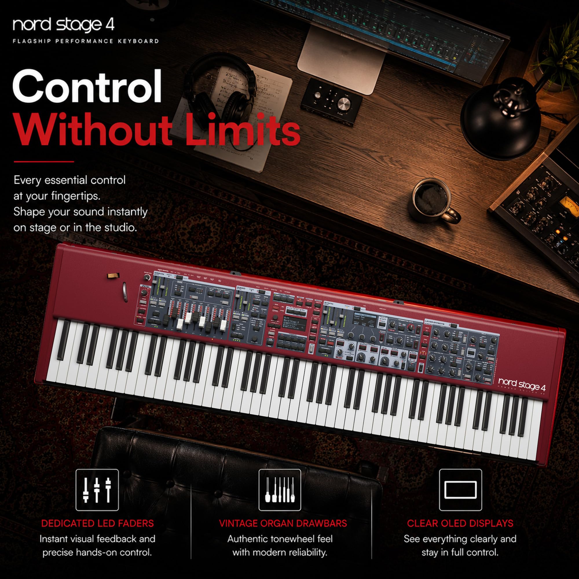 Nord Stage 4 88-Key Digital Piano Bundle with Adjustable Stand, Bench, Sustain Pedal, Headphones, Instrument Cable, and Austin Bazaar Polishing Cloth