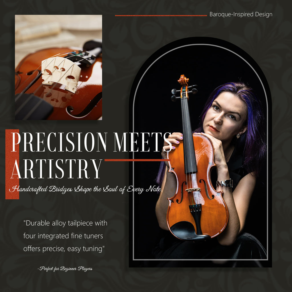 AKLOT Handcrafted Full Size Violin: Solid Wood Matte Fiddle, Acoustic Beginner 4/4 Violin Kit with Hard Case, Lesson Book, Bow, Shoulder Rest, Extra Strings, Tuner, Fretboard Stickers (VRT-AmiCS)