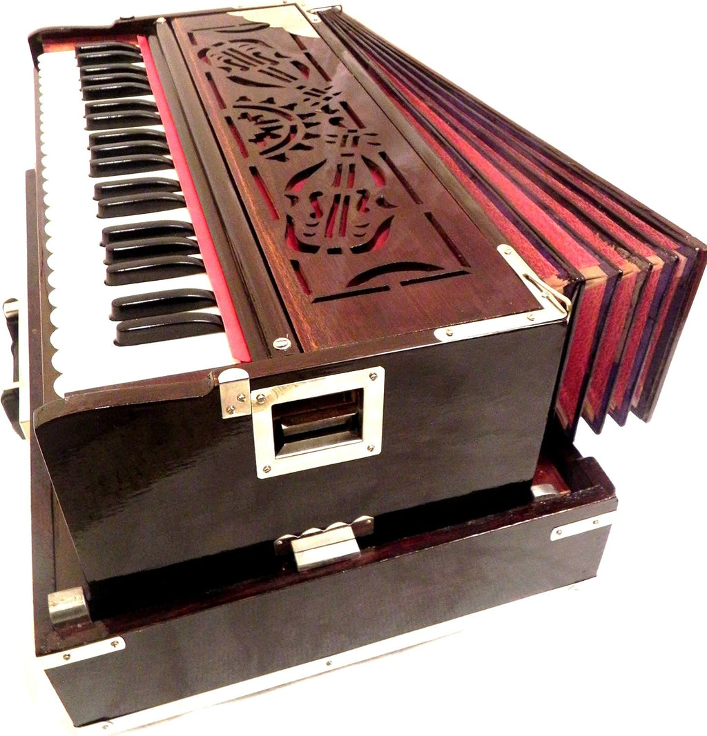 Brass Indian Handmade Deluxe Portable Harmonium, Dark Mahogany, 2 Reeds, 3.5 Octaves