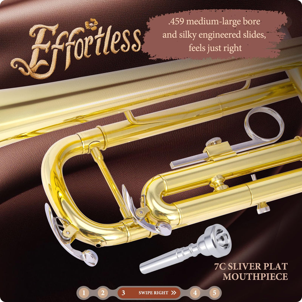 ALLSET Bb Standard Trumpet for Beginners | Student Band, Orchestra, Pro Level Performance | Professional Brass Trumpet Kit with Hard Case, 7C Mouthpiece& Cleaning Kit | Gold