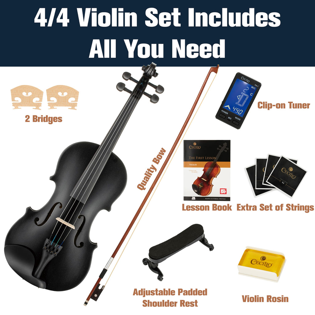 Mendini By Cecilio Violin 4/4 Full Size For Beginners - Fiddle Solidwood Kit with Hard Case - Acoustic Violins with Bow, Rosin, Tuner, Extra Strings & Bridge, Shoulder Rest and Lesson Book (Varnish)