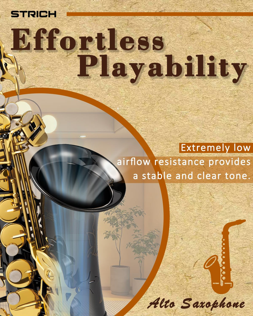 STRICH Eb Alto Saxophone Brass Student Beginner Alto Sax Kit with Hard Case Stand Neck Strap Mouthpiece and Reeds for School Band Home Practice, SSA-31B, Black