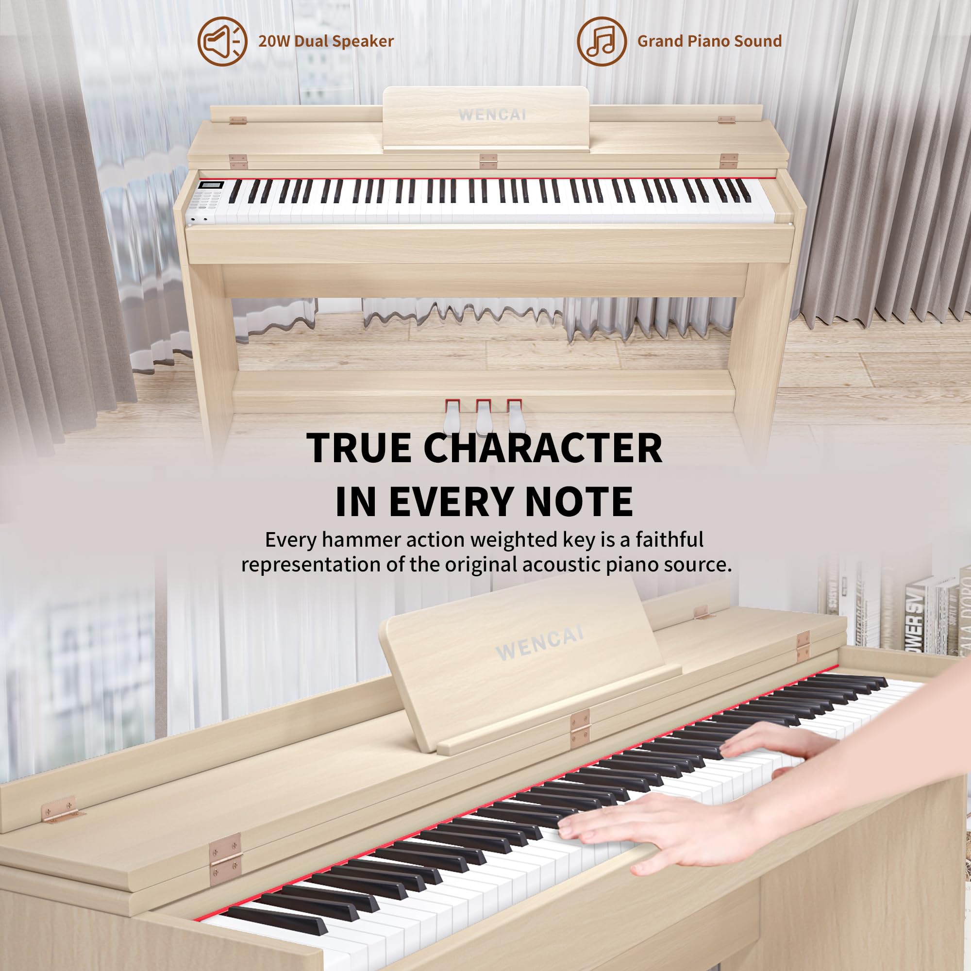 WENCAI 88 Key Fully Weighted Digital Piano Keyboard, White | Hammer Action Electric Pianos, Wooden Upright Electronic Piano for Beginner & Professional, Midi Compatible, Triple Pedal