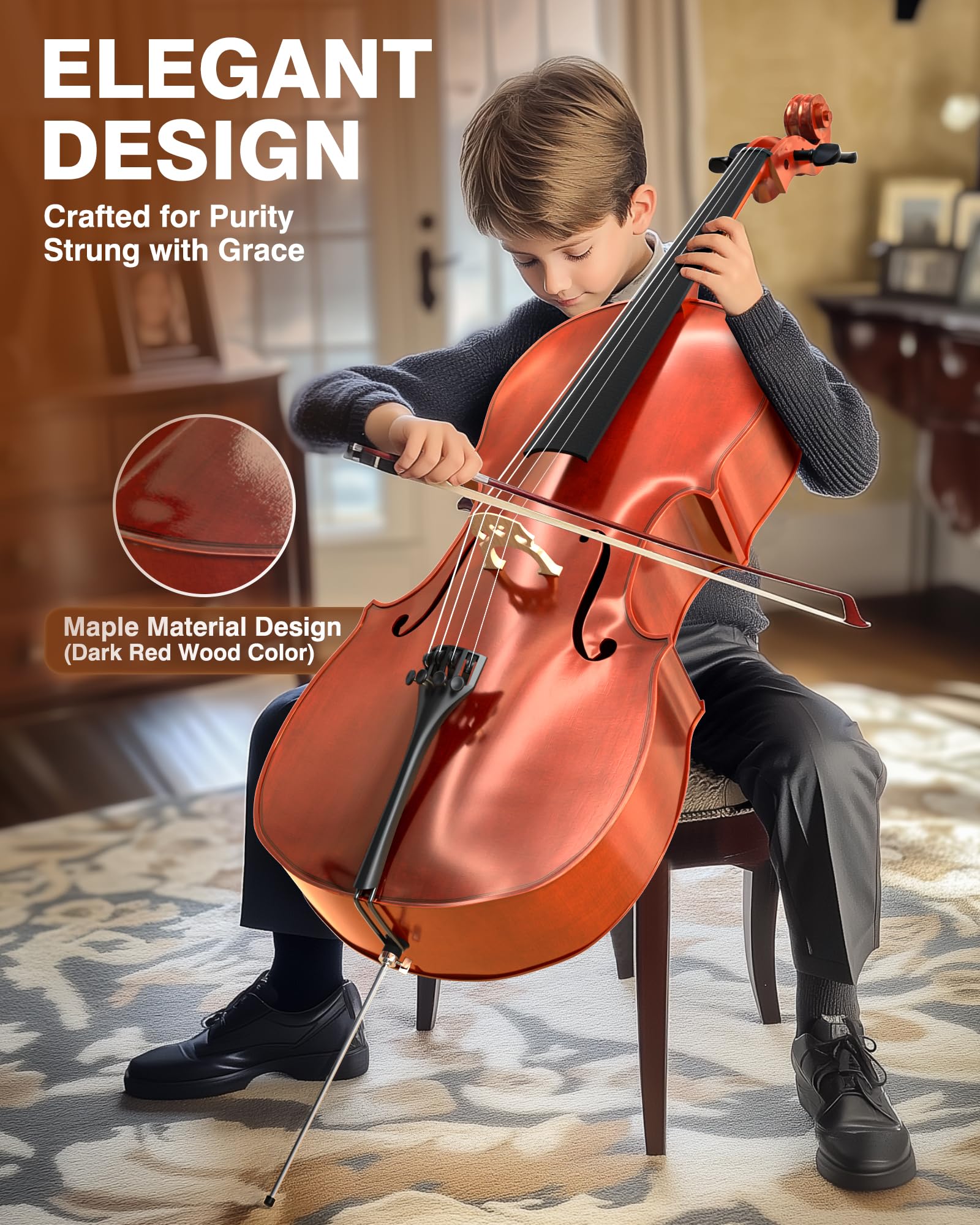 PYY Cello 4/4 Full Size - Solid Wood Acoustic Cello Package with Stand, Case, Bow, Rosin, Tuner & Extra Strings, Perfect for Students & Adult Beginners（Red）