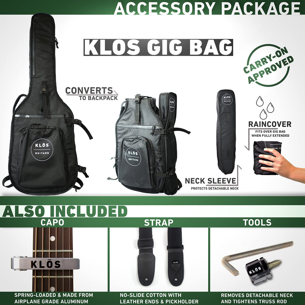 KLOS Full Size Guitar, Durable Carbon Fiber Acoustic Electric Guitar - Black with Gig Bag, Strap, Capo and more