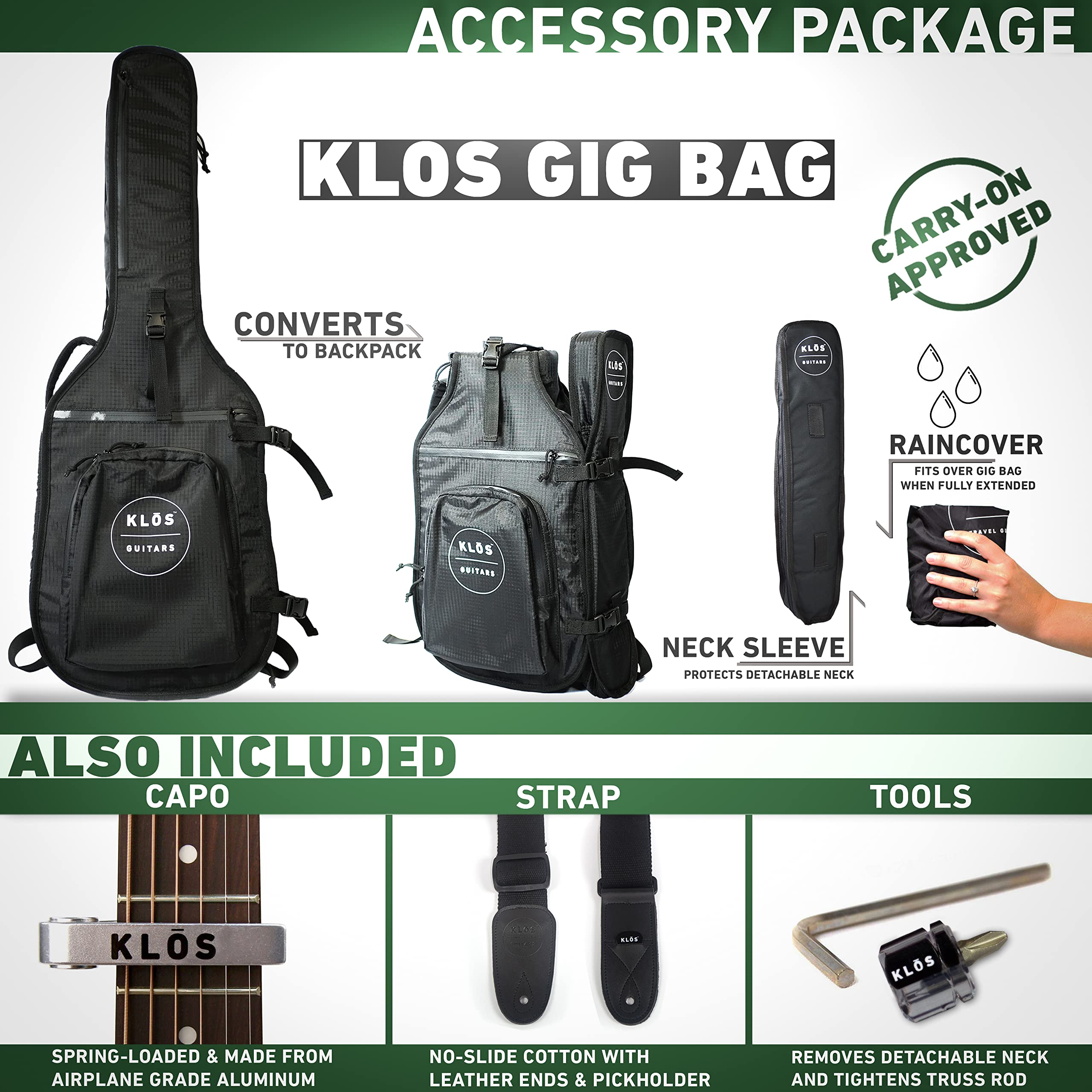 KLOS Full Size Guitar, Durable Carbon Fiber Acoustic Electric Guitar - Black with Gig Bag, Strap, Capo and more