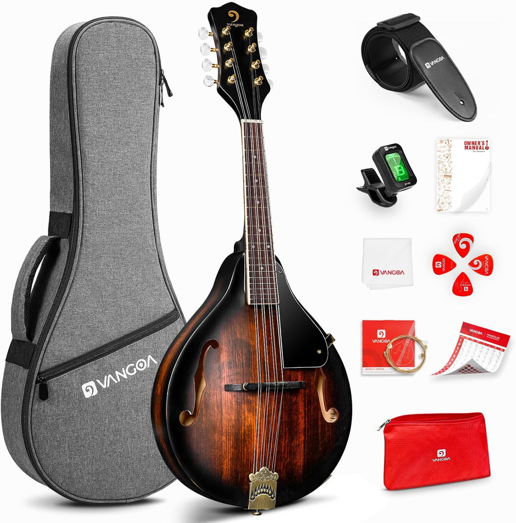 Vangoa Mandolin Instrument A Style, Acoustic Mandolin Musical Instrument Solid Spruce Top 8 String for Beginners, Adults, Teens, Dark Brown