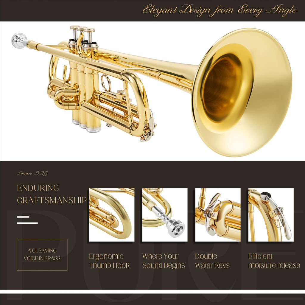 AKLOT Hand-Hammered Bell Bb Trumpet: Smooth Valve Action, Clear-Lacquered Brass Body, Standard Trumpet Beginner Set with Leather Case, Lesson Book, Trumpet Mute, Mouthpiece, Cleaning Kit (SNR-BrzSF)