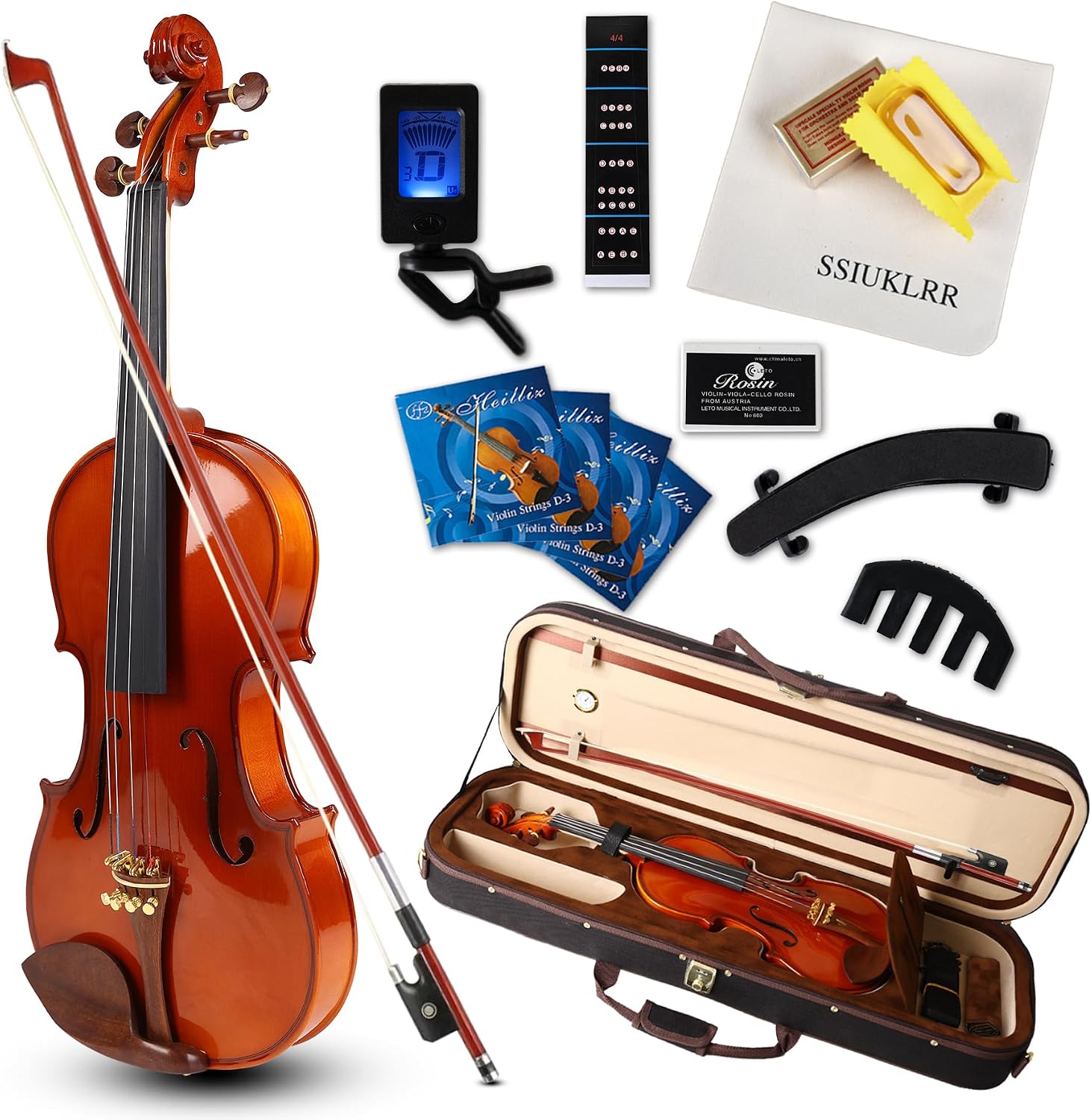 Violin 4/4 Full Size Complete Set for Adults Teenagers Students,Solid Maple Wood Violins with Rosewood Fittings,Case,Spare strings,Bow, Rosin, Shoulder Rest,Professional Violin for 11+years Gift