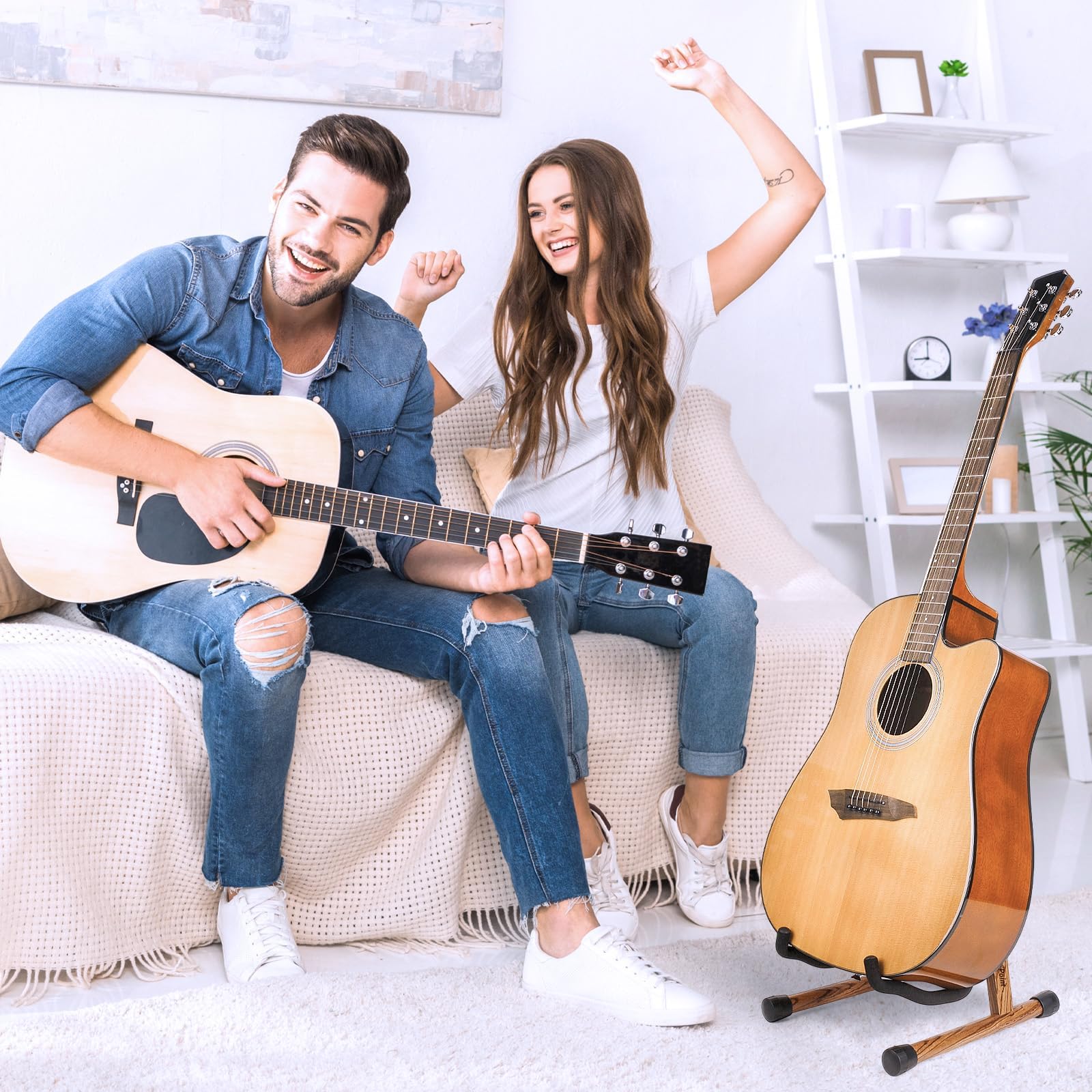 KingPoint Guitar Stand, Guitar Floor Stand, Acoustic Electric Wooden A Frame Folding Guitar Holder Adjustable for Bass, Cello, Mandolin, Banjo, Ukulele (Acacia)