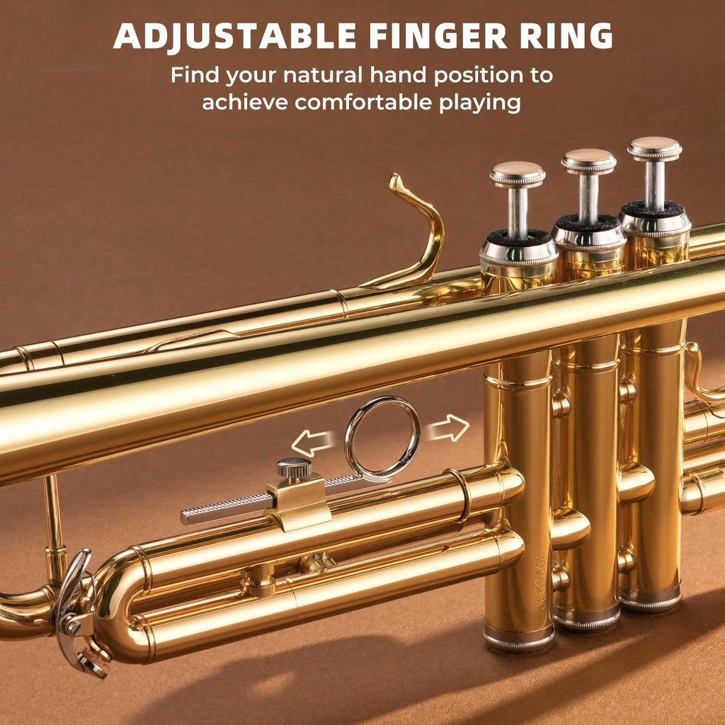 JAMELO Bb Standard Trumpet Set, Brass Trumpet Instrument for Student/Beginner with Carrying Case, 7C Mouthpiece, Cleaning Cloth and Gloves (TP-100, Gold)