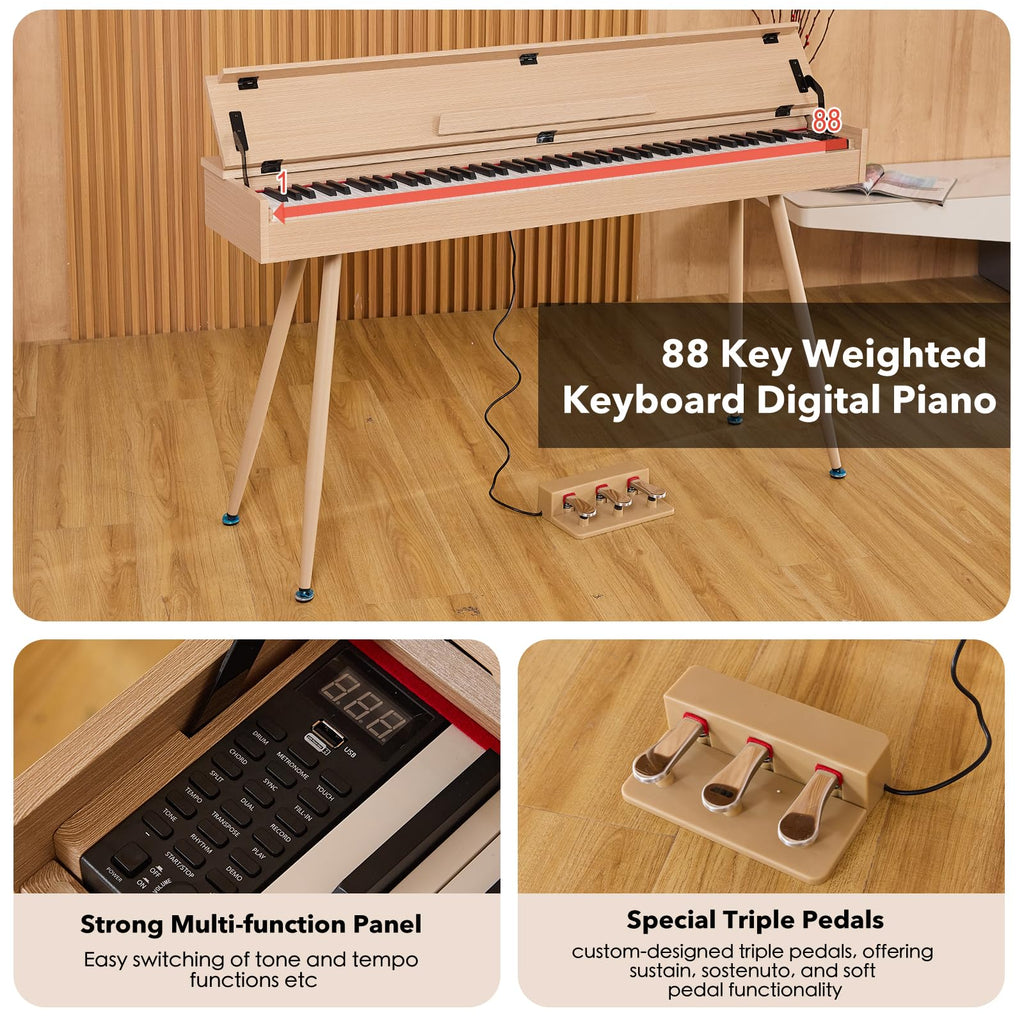 Digital Piano 88 Key Weighted Keyboard,Full-Size Desk Progressive Hammer-Action Electric Piano For Beginners, With Sheet Music Stand, Pedal,Power Adapter, Headphone Mode, Usb-Midi