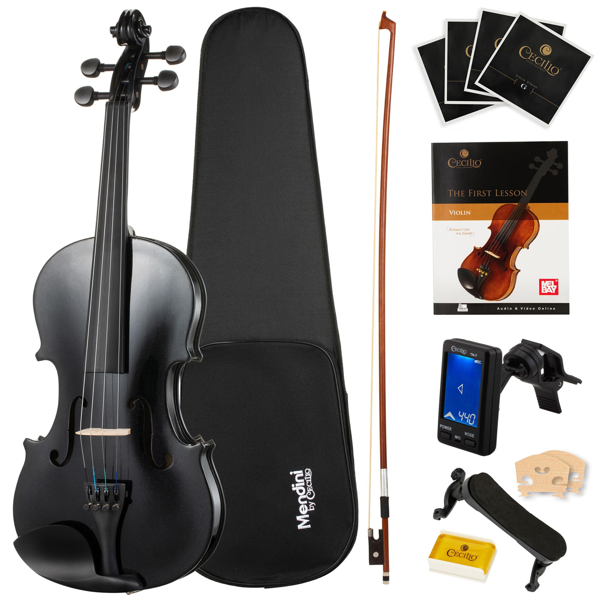 Mendini By Cecilio Violin 4/4 Full Size For Beginners - Fiddle Solidwood Kit with Hard Case - Acoustic Violins with Bow, Rosin, Tuner, Extra Strings & Bridge, Shoulder Rest and Lesson Book (Varnish)