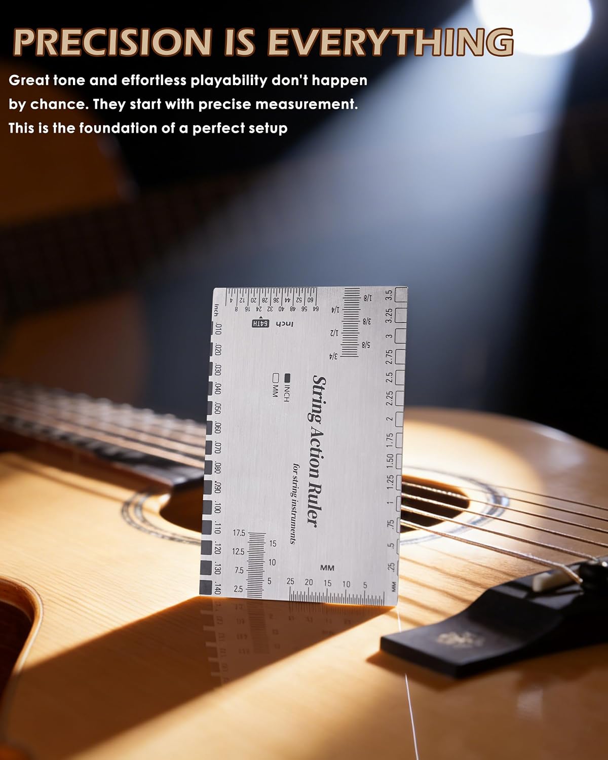 String Action Gauge Ruler, Professional Guitar Setup Tool with Dual mm & 1/64" Scales - for Electric, Acoustic, Bass Guitars - Includes Measurement Chart & Protective Sleeve - Print Silver Edition