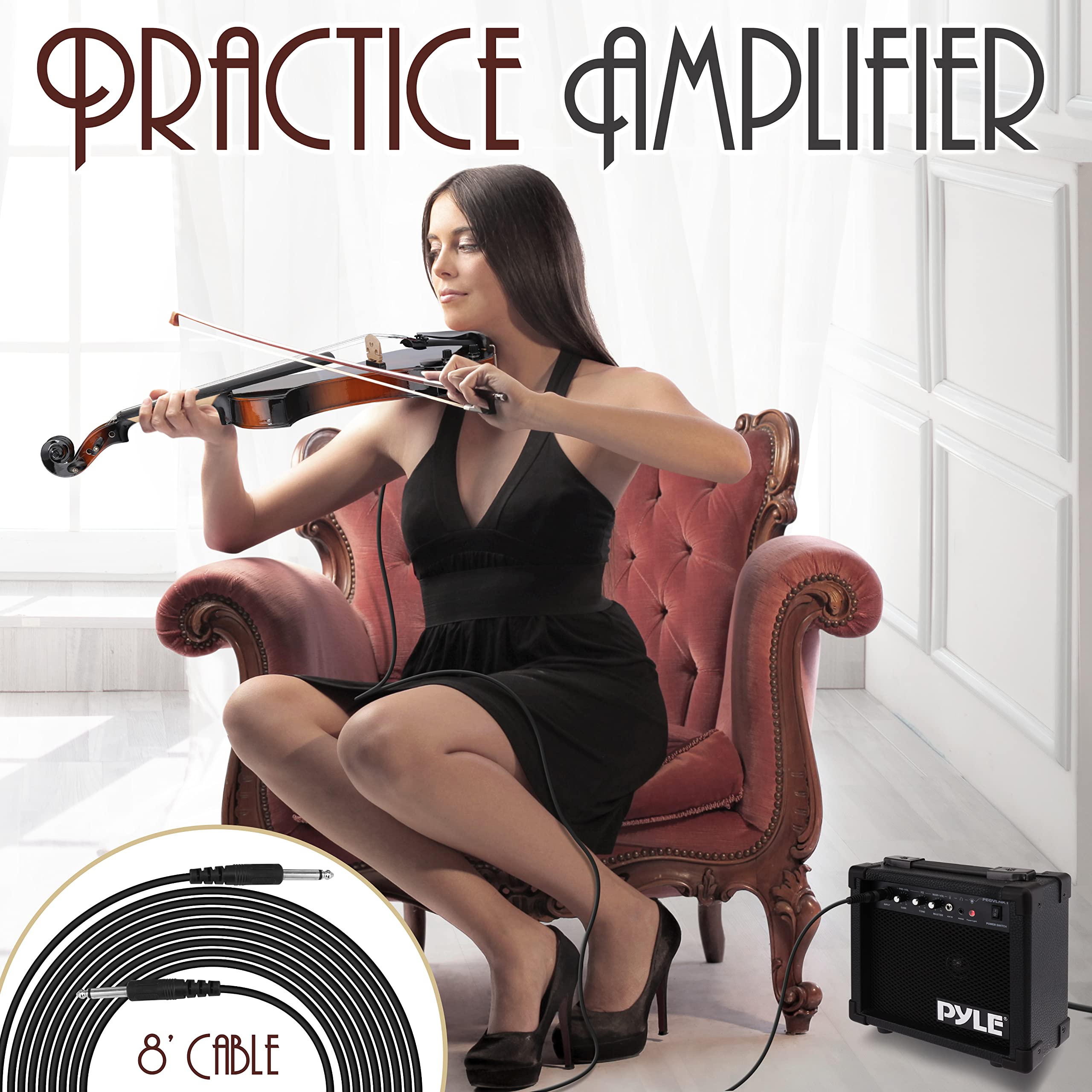Pyle Full Size Electric Violin, 4/4 Solid Wood Silent Fiddle, with Amplifier Kit, Hard Case, Bow, Ebony Fittings, Digital Tuner, Extra Strings, Rosin