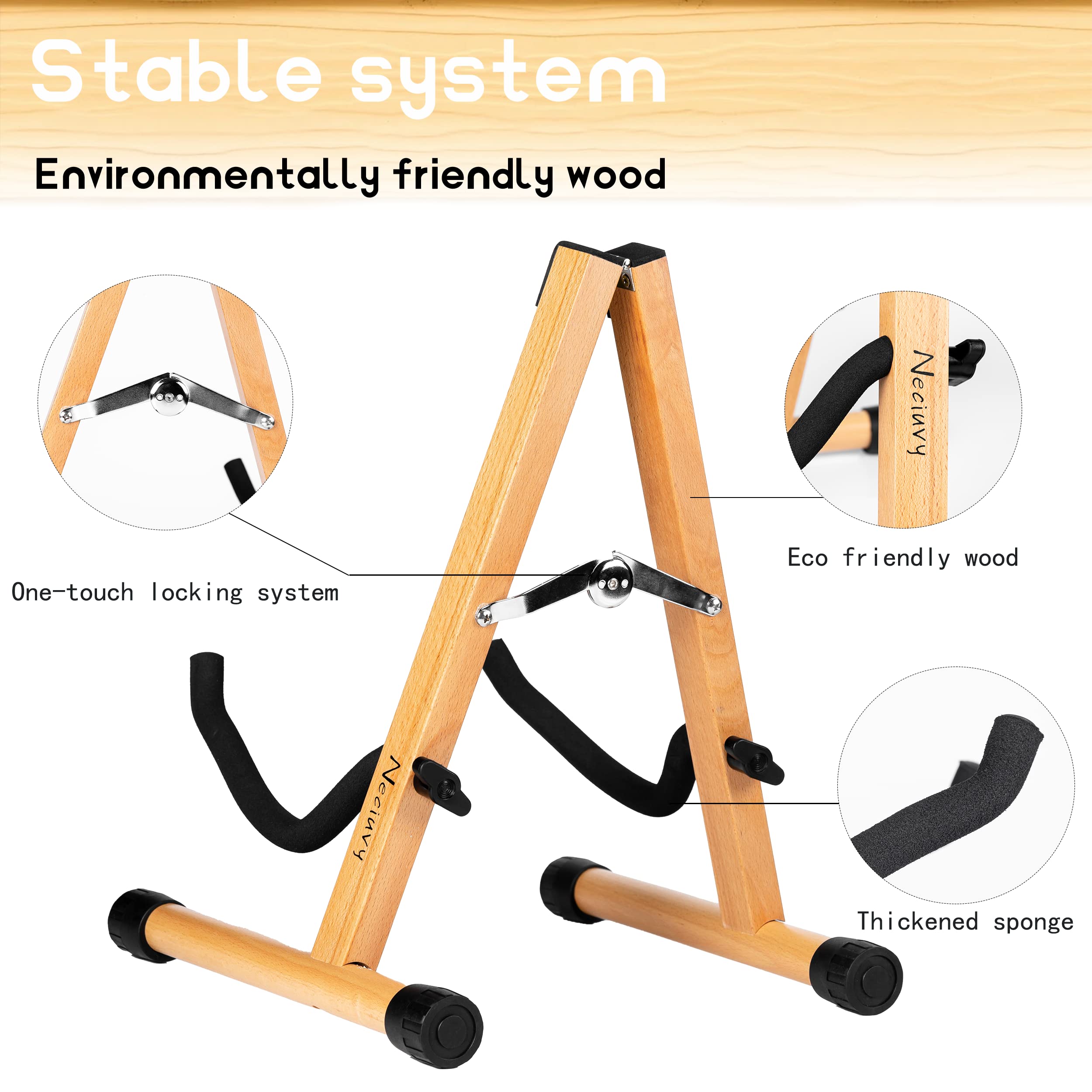 Guitar Stand,Wood Guitar Rack,A-Frame Folding Acoustic Electric Guitar Stands Floor for Bass,Cello,Banjo,Mandolin,Ukulele(Oak)