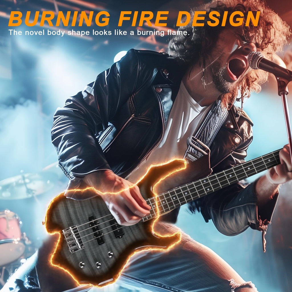Ktaxon Electric Bass Guitar Full Size Flame Design Bass Set with 20 Watt Amplifier, Portable Bass Bag, Superior Amp Wire, Adjustable Guitar Strap, Plectrum, Wrench Tool(Matte Black)