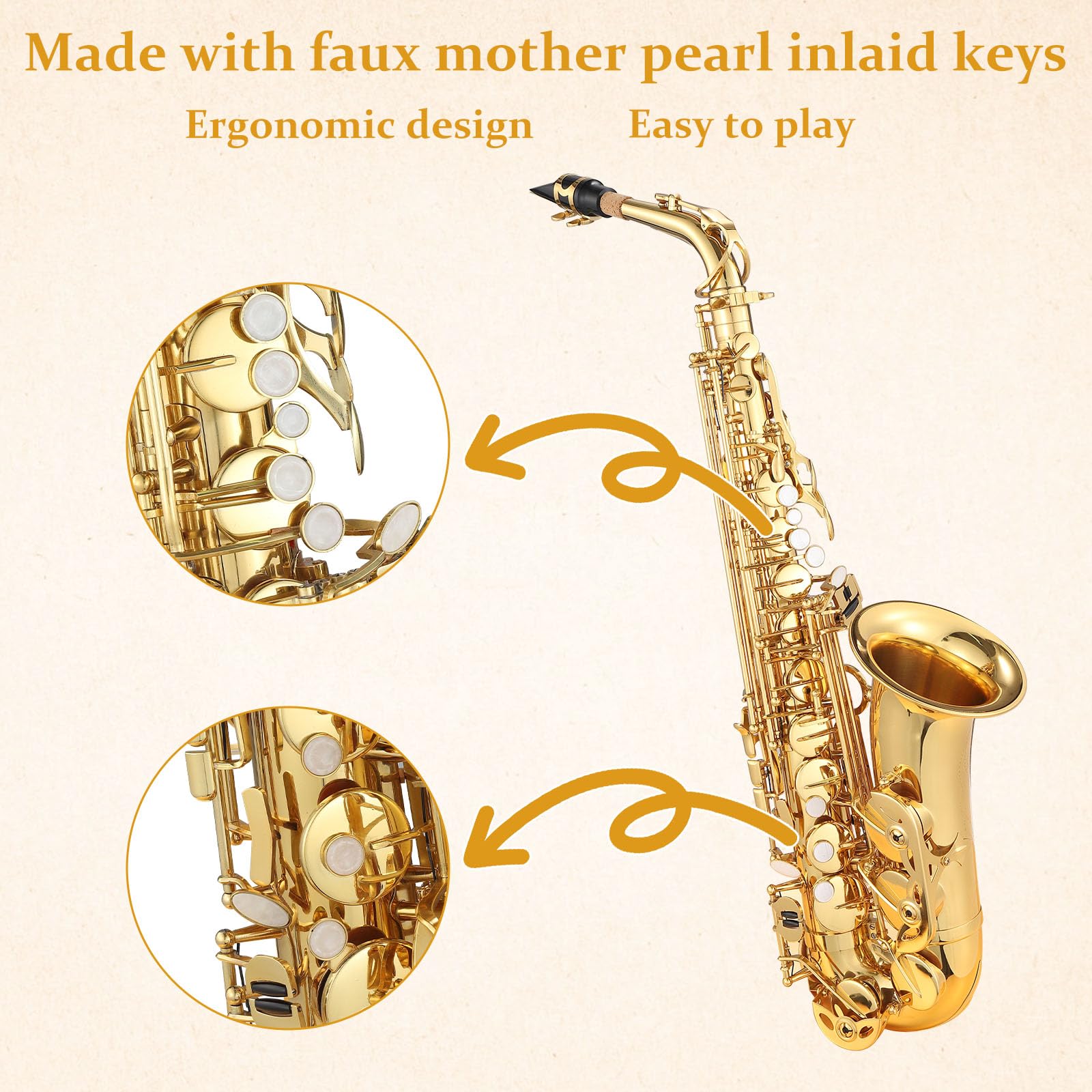 Tenor Saxophone for Beginner Kit with Cleaning Cloth, Case, Mouthpiece, Neck Strap, Reeds