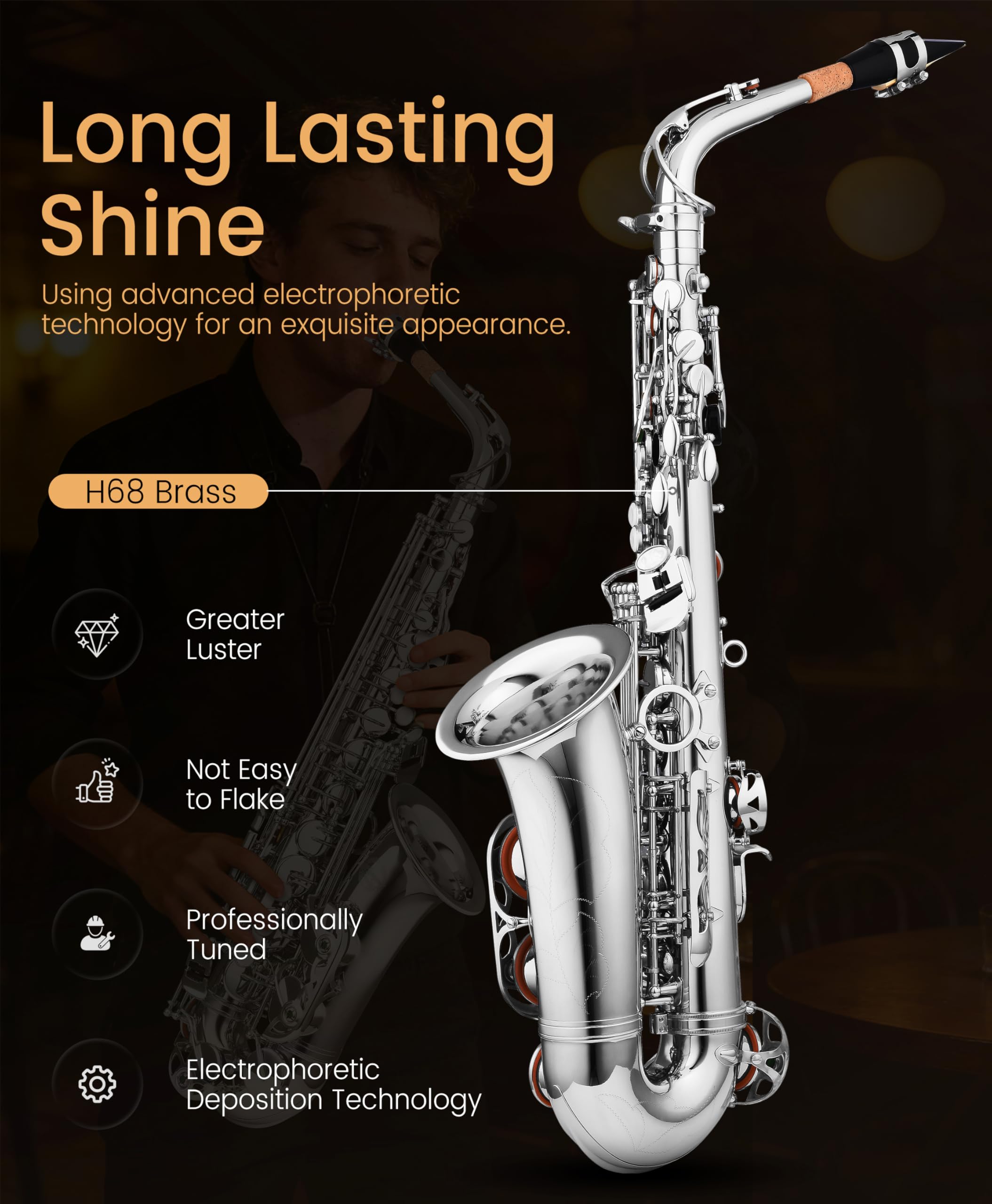 Leo Jaymz Eb Alto Saxophone - One-Piece Body & Neck Construction, H68 Brass, with Thickened Travel Bag - Complete Beginner to Professional Kit (Gold)