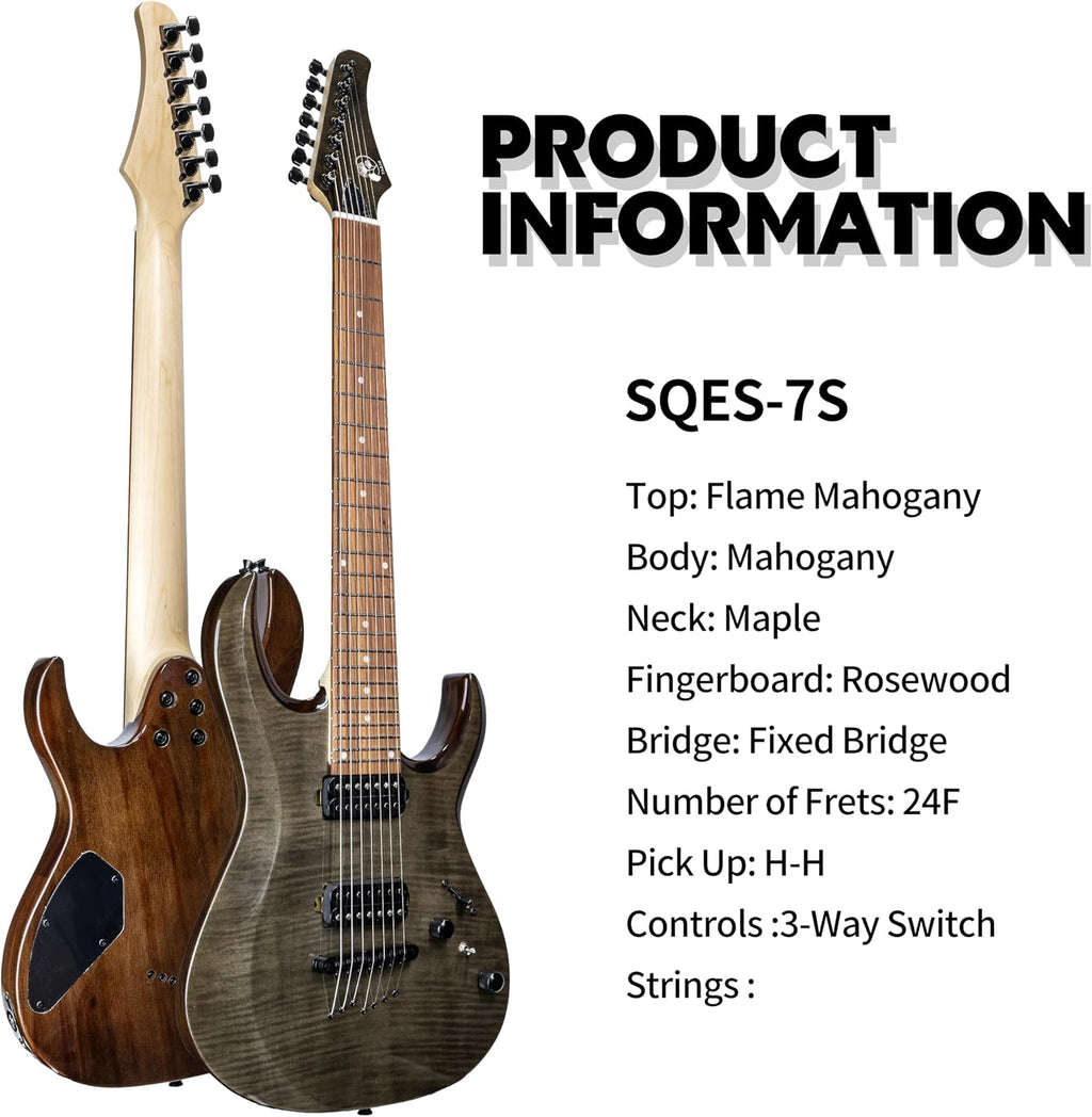 TARIO 7 String Electric Guitar 24 Frets, Flame Mahogany Top, Maple Neck, Rosewood Fingerboard, Dual Humbucker Pickups, Fixed Bridge, Modern Metal Guitar