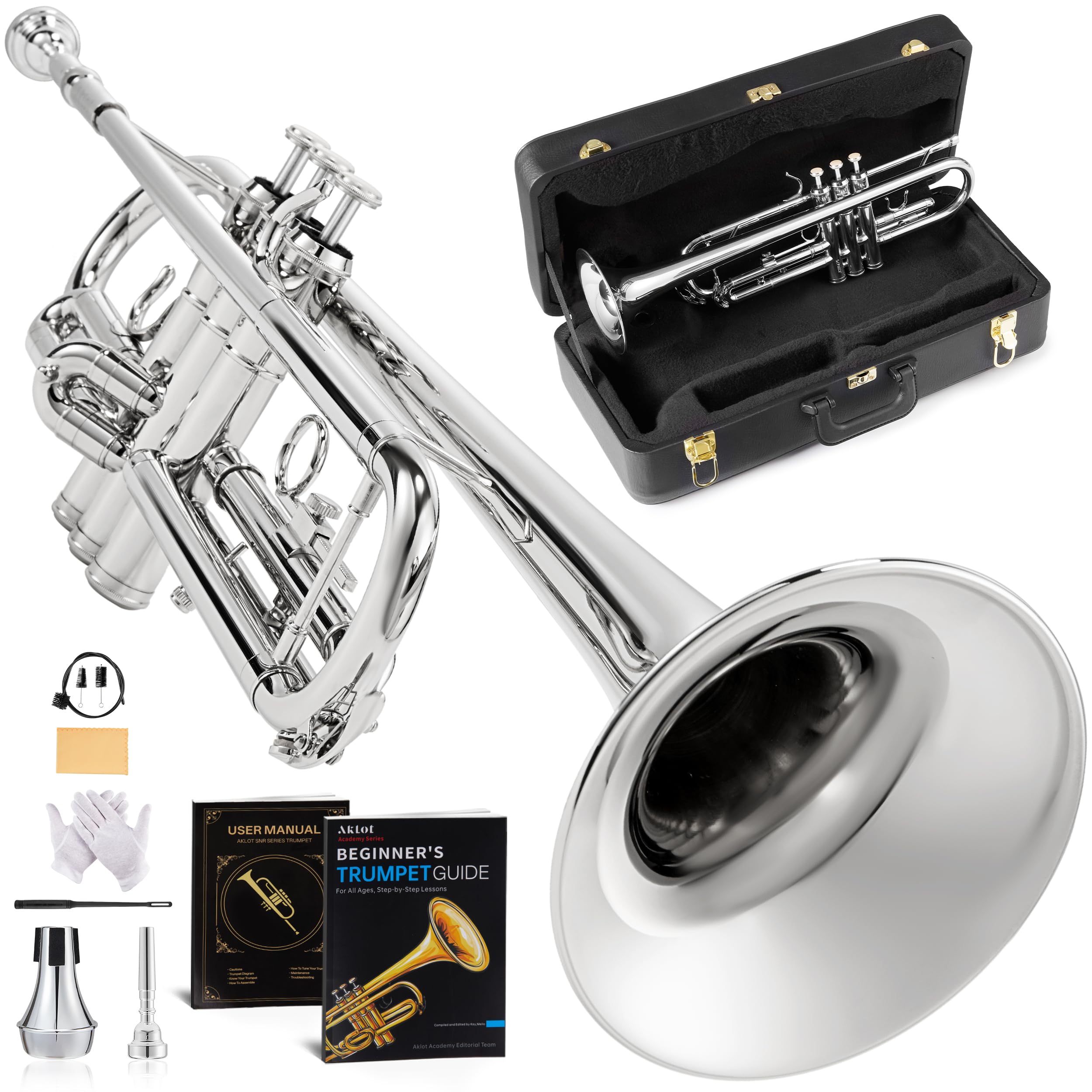 AKLOT Hand-Hammered Bell Bb Trumpet: Smooth Valve Action, Clear-Lacquered Brass Body, Standard Trumpet Beginner Set with Leather Case, Lesson Book, Trumpet Mute, Mouthpiece, Cleaning Kit (SNR-BrzED)