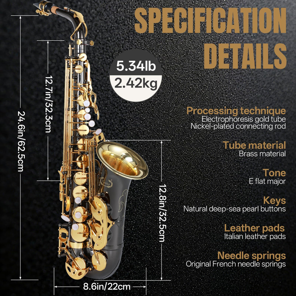 Kmise E Flat Alto Saxophone, Lightweight Saxophones for Students Beginner, Saxofon Full Kit with Portable Case, Sax Stand, Strap, Reeds, Beginner's Guides, Mute, Cleaning Kit (Gold Lacquer)