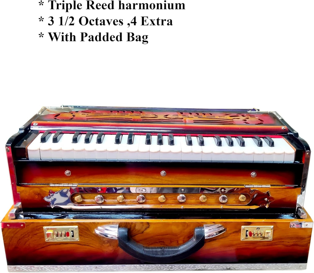 Harmonium, Maanvish Professional Harmonium Portable, Triple Reeds, 3 1/2 Octaves, 9 stops,4 Extra Notes, Padded Bag