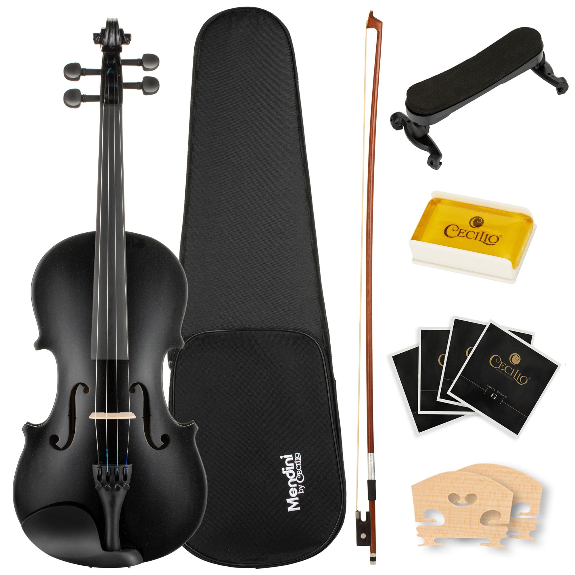 Mendini by Cecilio Violin 4/4 Full Size Kit For Beginners - Hand Carved Acoustic Violins Set - Fiddle Solid Wood Kit with Hard Case, Bow, Rosin, Shoulder Rest, Bridge and Extra Strings (Black)