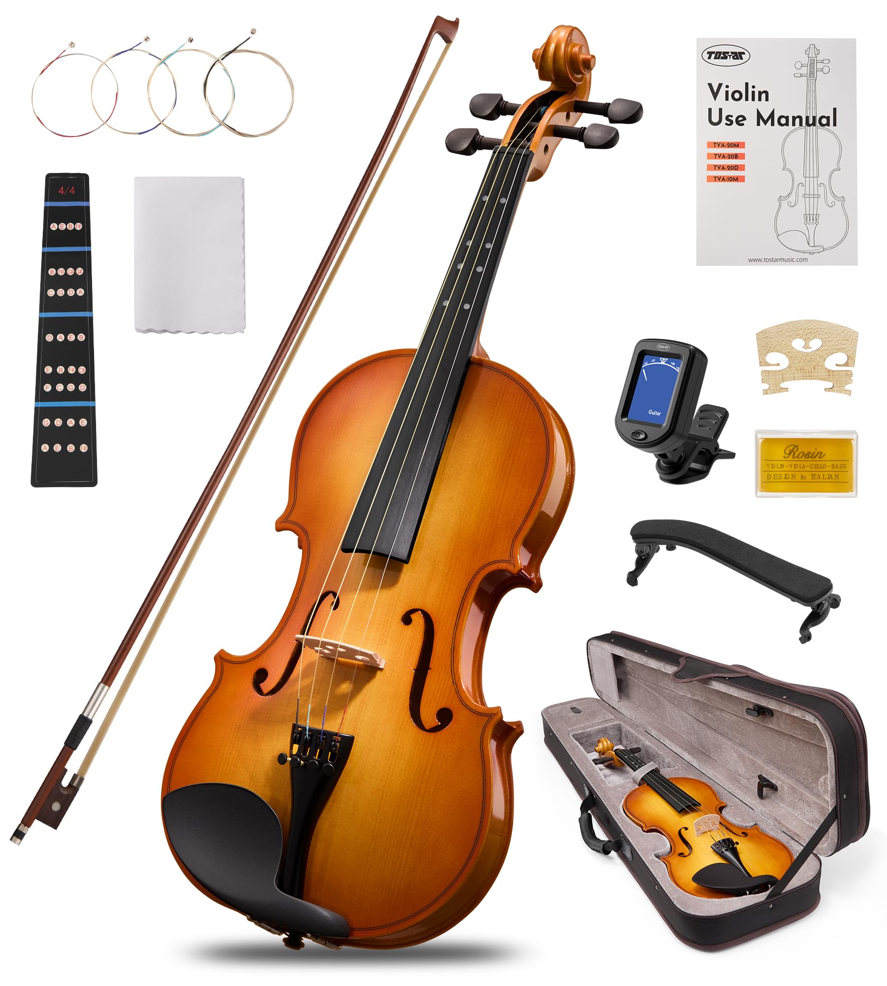 Tostar Acoustic Violin Full Size 4/4 Violin Set Starter Kit with Carrying Case, Violin Bow, Bridge, Rosin, Shoulder Rest, Stickers, Instruction Extra Strings for Beginner Retro Matte