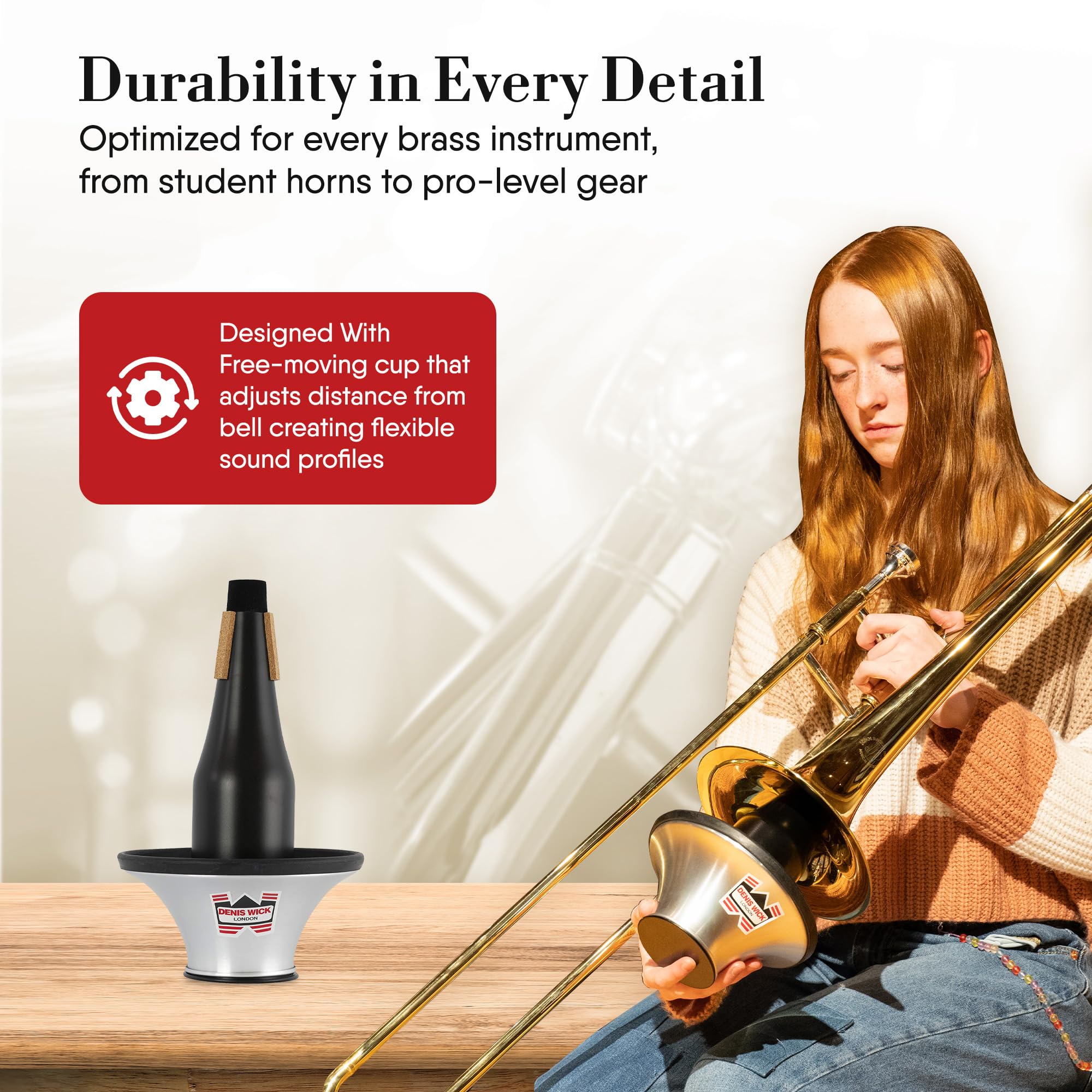 Denis Wick Adjustable Cup Mute for Bass Trombone, 5533 - Hand-Spun Aluminum Mute and Adjustable Cup Position for Varied Tone - Ideal for Practice, Performance & Recording - 11.81 x 9.45 x 9.45 Inches