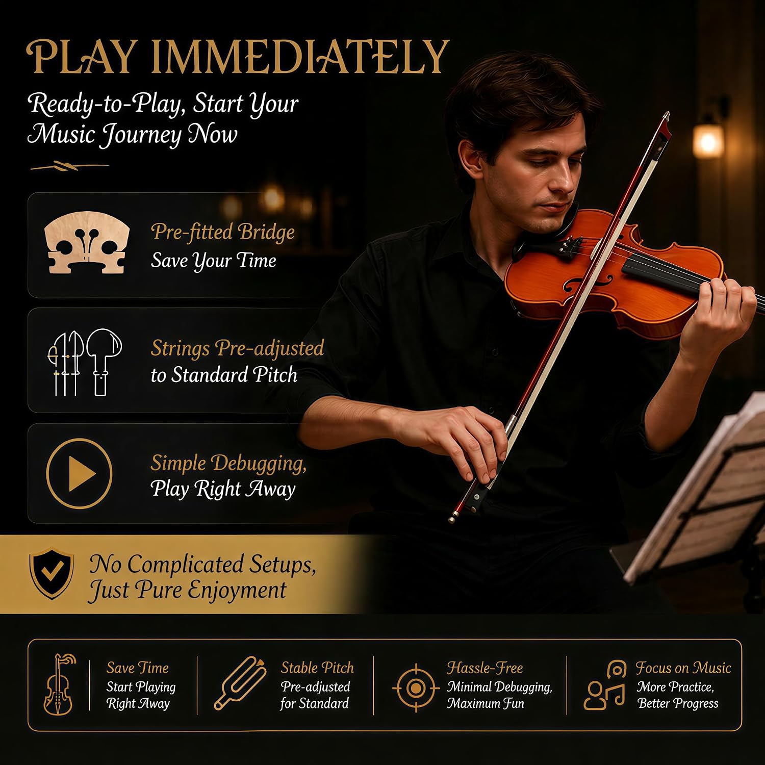 Handcrafted Solid Wood Violin 4/4 Full Size, Acoustic Fiddle with Gradient Finish, Ebony Fingerboard & Fittings, High-End Full Size Violin Kit with Ebony Bow, Alice Strings, and Deluxe Case