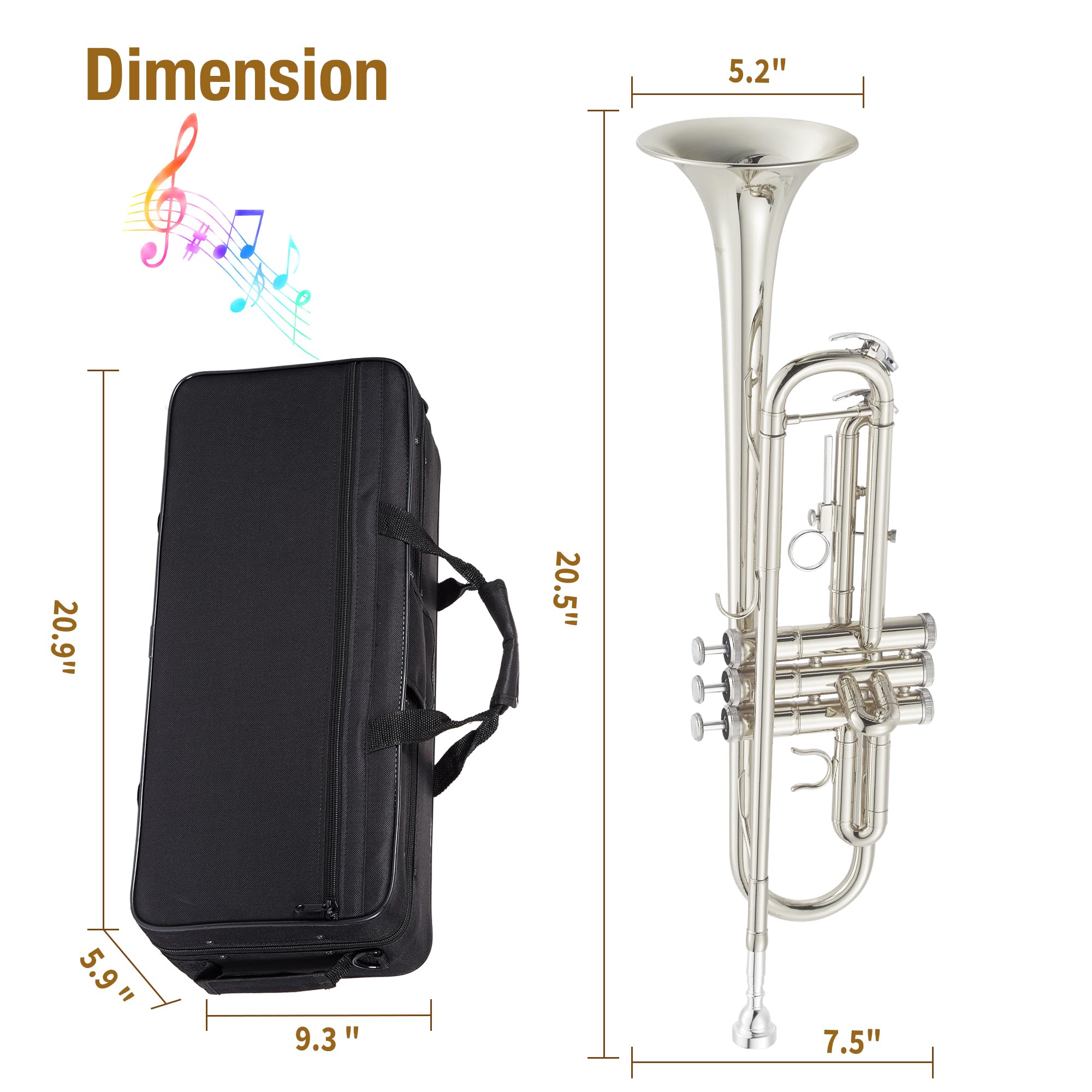 Senfot Brass Standard Trumpets with Bag, Mouthpiece, Strap, Gloves, Cleaning cloth, Trumpet oil; Exceptional Sound Quality Instrument for Band, Lessons & Practice