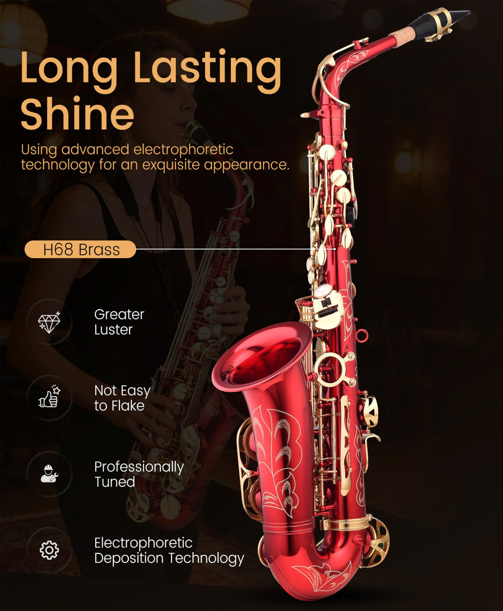 Leo Jaymz Eb Alto Saxophone - One-Piece Body & Neck Construction, H68 Brass, with Thickened Travel Bag - Complete Beginner to Professional Kit (Gold)