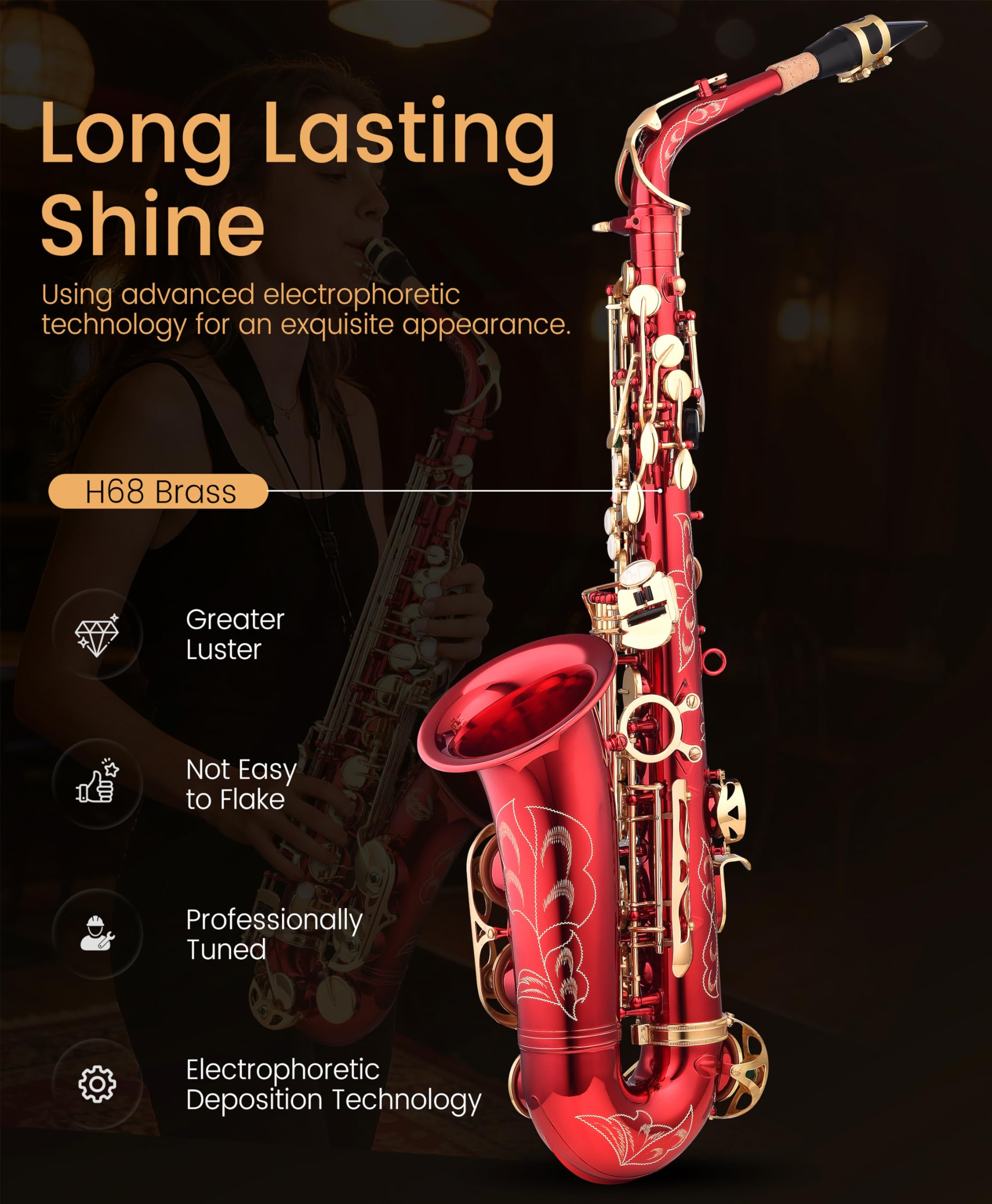 Leo Jaymz Eb Alto Saxophone - One-Piece Body & Neck Construction, H68 Brass, with Thickened Travel Bag - Complete Beginner to Professional Kit (Gold)
