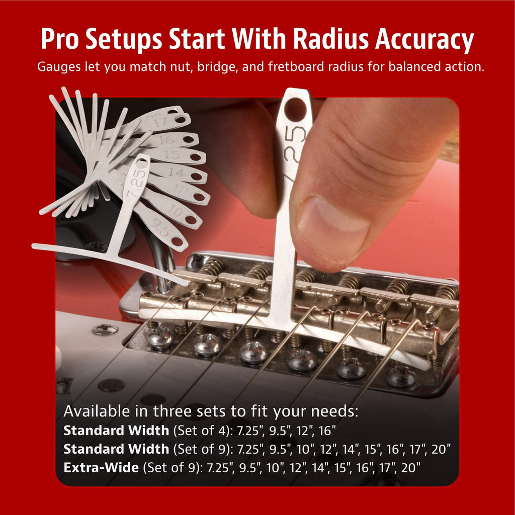 StewMac Understring Radius Gauges, Set of 9, Standard Width | 9 Radii: 7-1/4 to 20 Inch, Fits String Spreads to 2-5/8 In, Use with Strings On, 6-String Guitar and Most 4-String Bass